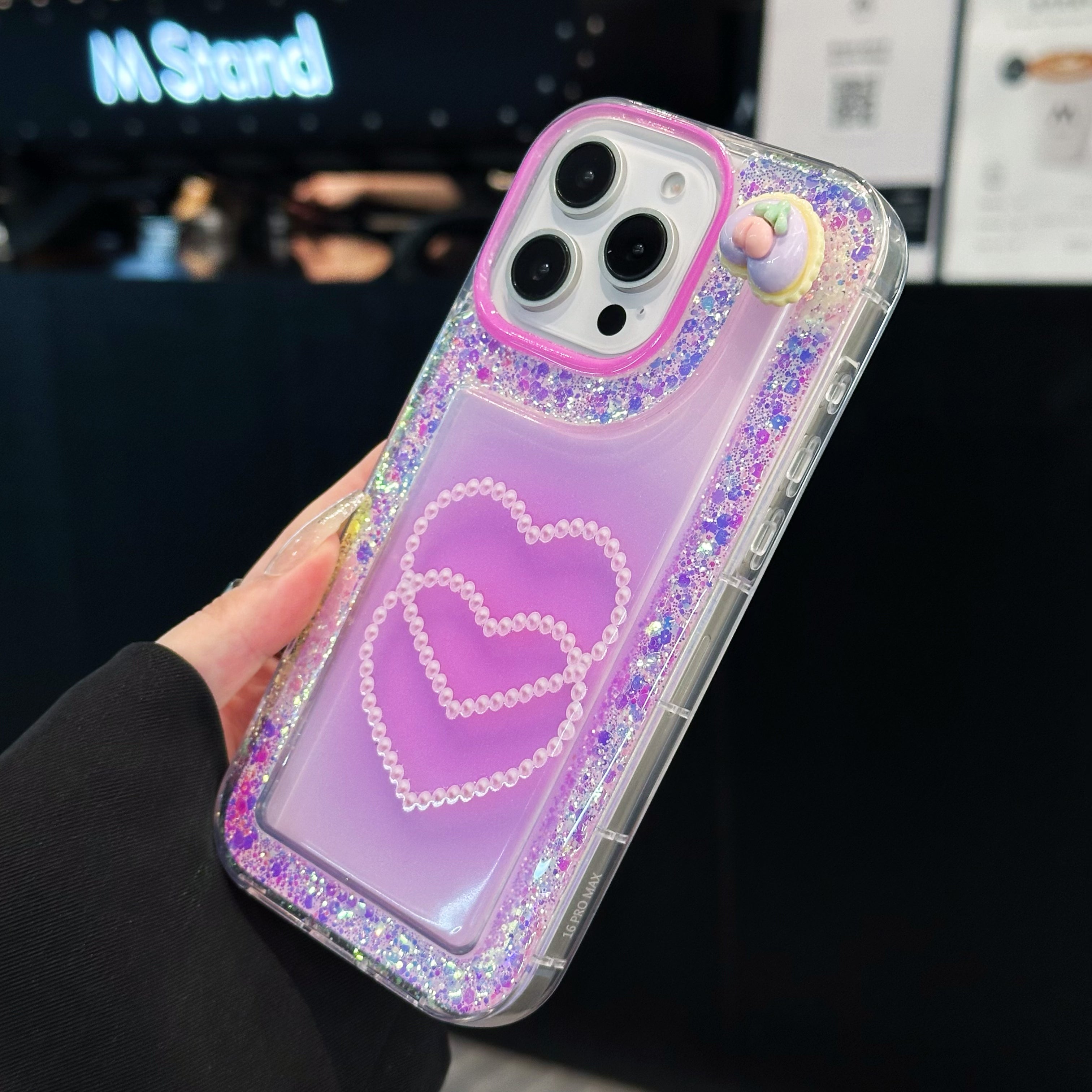 Pink Glitter Diamond Heart Silicon Phone Case For iPhone 16 Plus