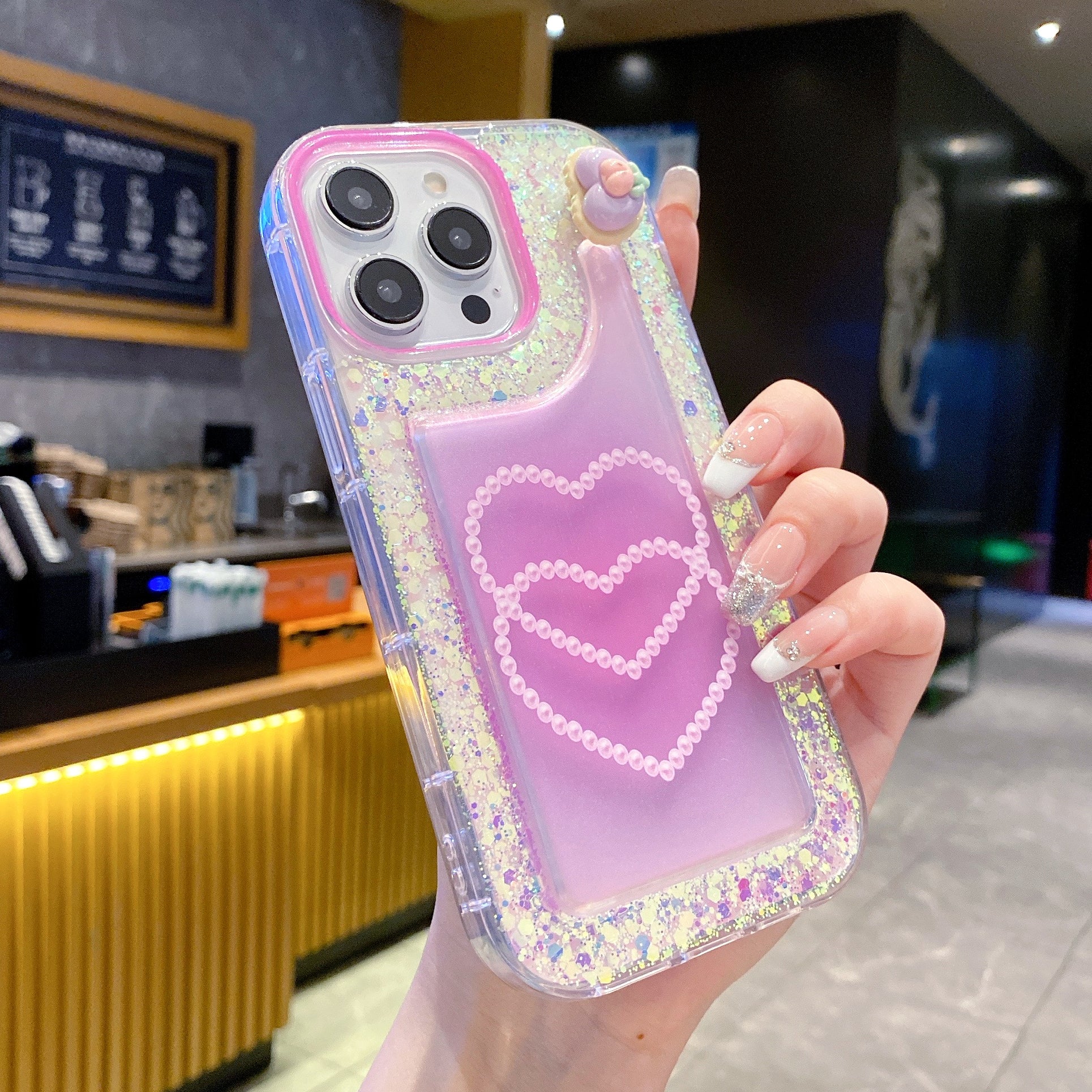 Pink Glitter Diamond Heart Silicon Phone Case For iPhone 14 Pro Max