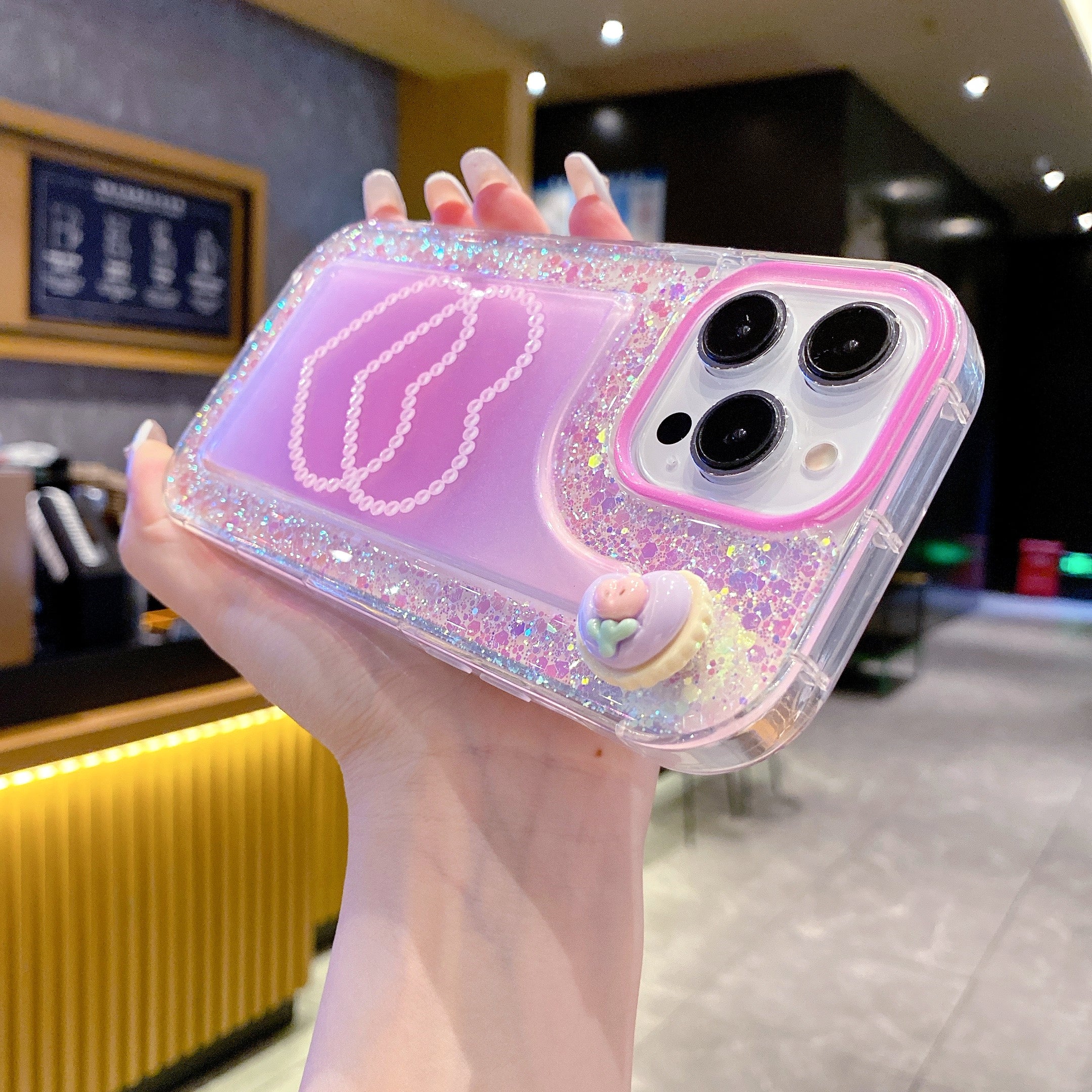 Pink Glitter Diamond Heart Silicon Phone Case For iPhone 14 Pro Max