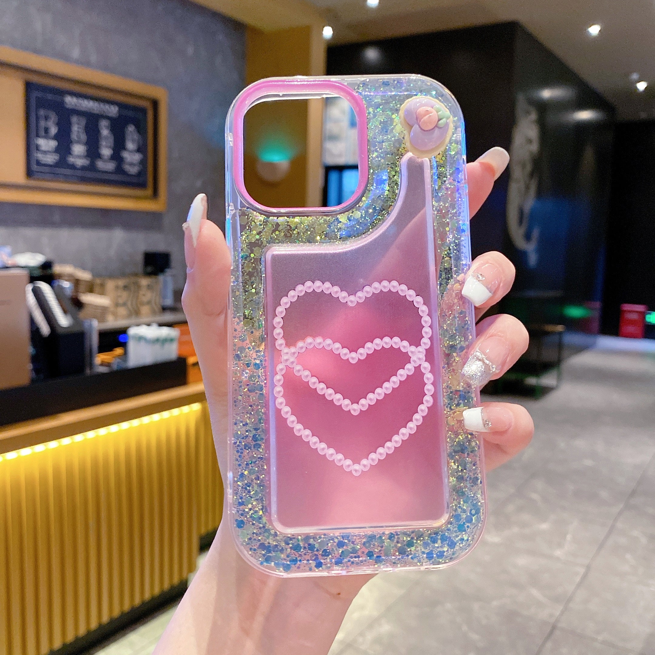 Pink Glitter Diamond Heart Silicon Phone Case For iPhone 14 Pro Max