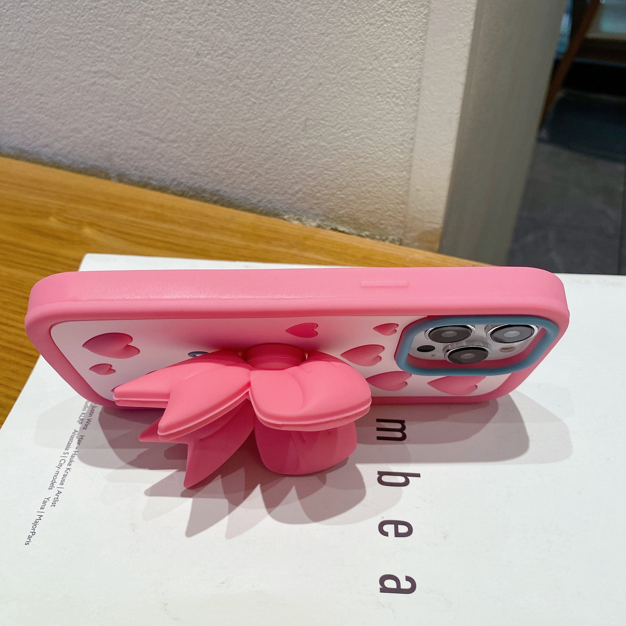 Pink Heart With Bow Stand Silicon Phone Cases For iPhone 14 Pro