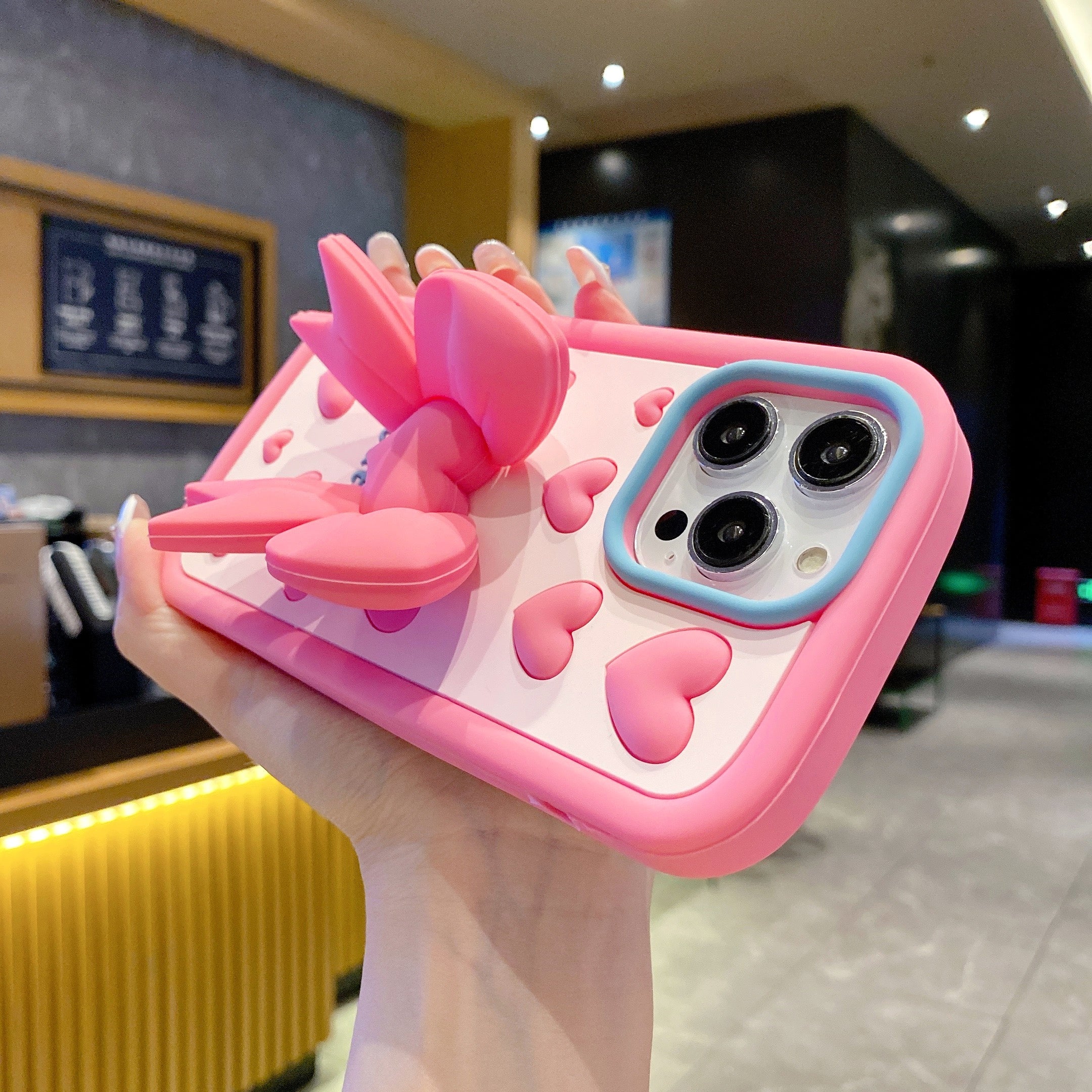 Pink Heart With Bow Stand Silicon Phone Cases For iPhone 14 Pro
