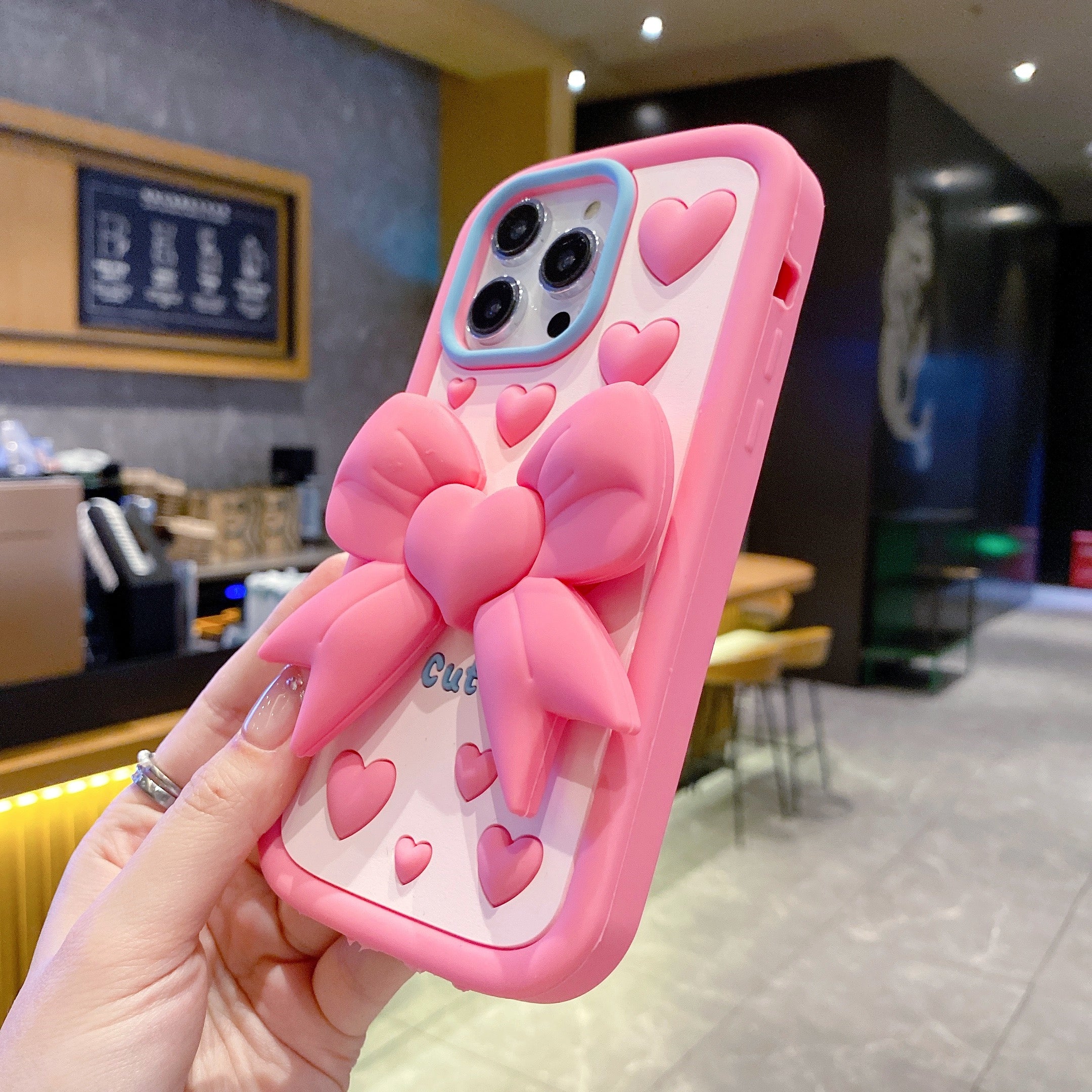 Pink Heart With Bow Stand Silicon Phone Cases For iPhone 14 Pro