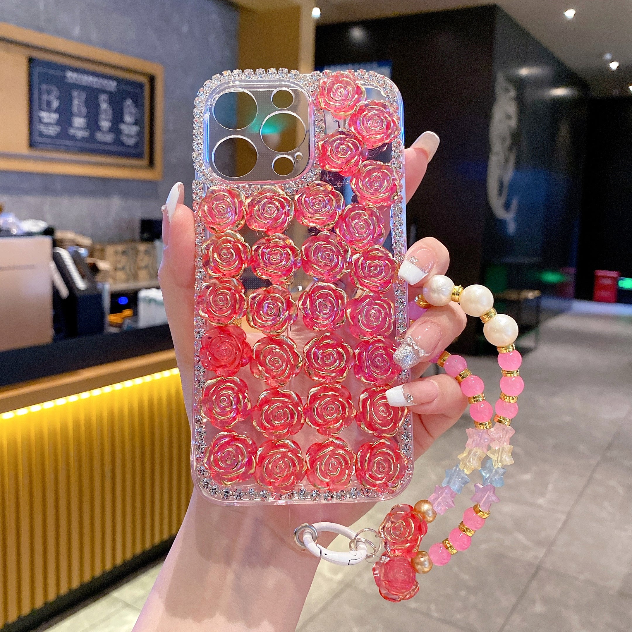 Pink Lotus With Bracelet Silicon Phone Case For iPhone 16 Pro Max