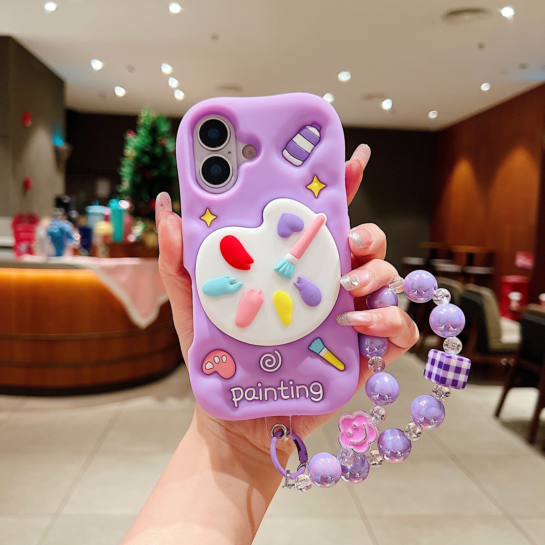 Purple Artist Palette 3D Phone Case - Kawaii Painting Theme Case With Beaded Charm For iPhone 14