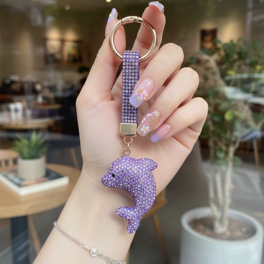 Purple Iridescent Crystal Dolphin Phone Charm - Luxury Bling Nautical Keychain for Backpacks & Purses
