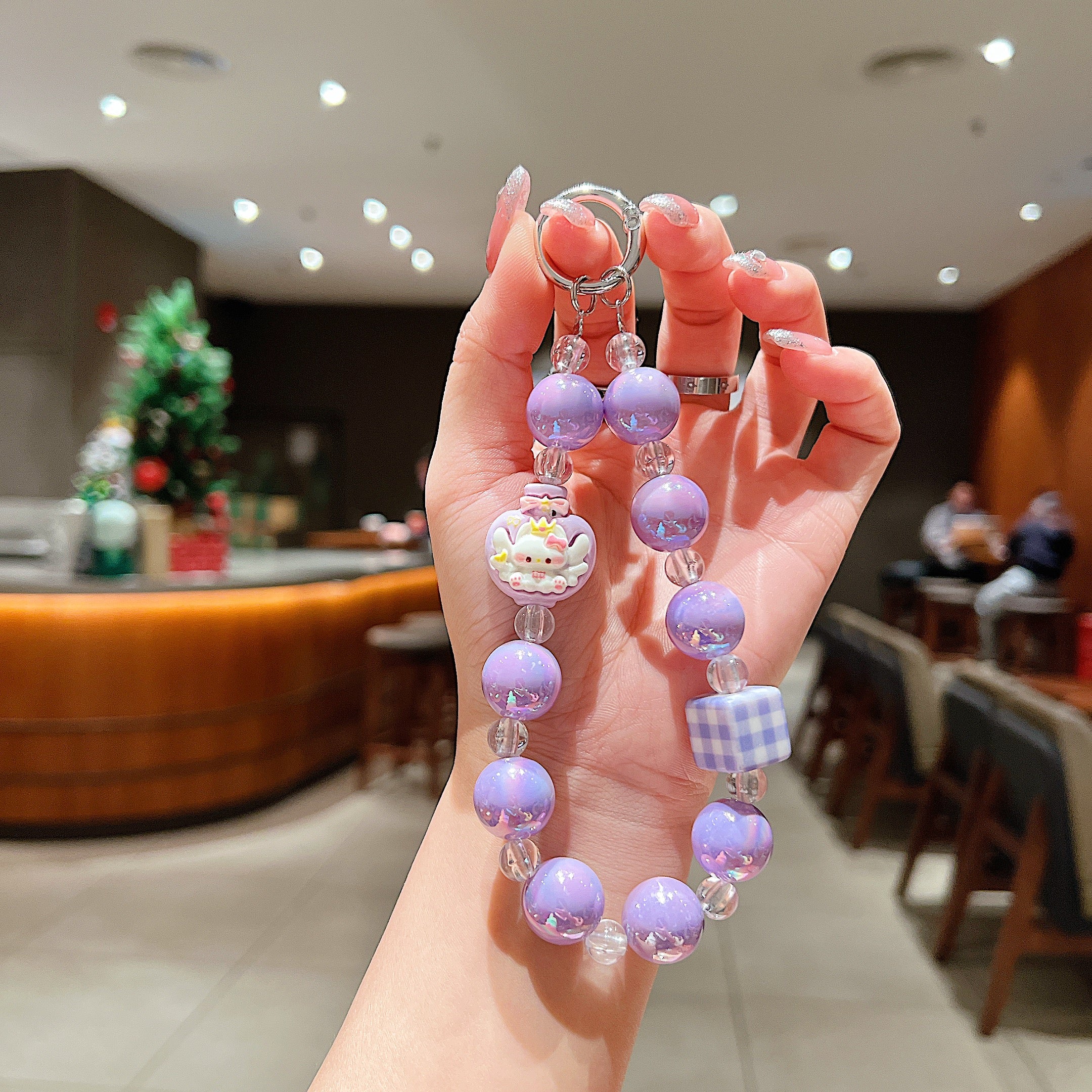 Purple Pearl & Cat Beaded Phone Charm