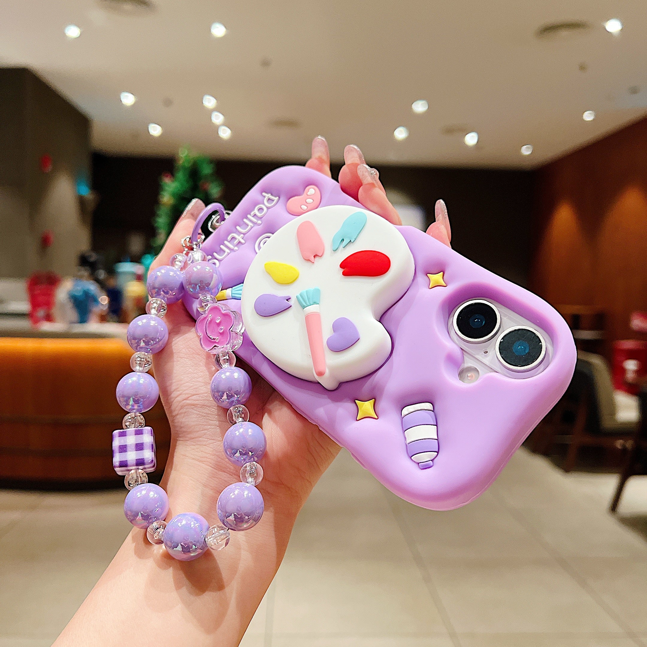Purple Artist Palette 3D Phone Case - Kawaii Painting Theme Case With Beaded Charm For iPhone 14