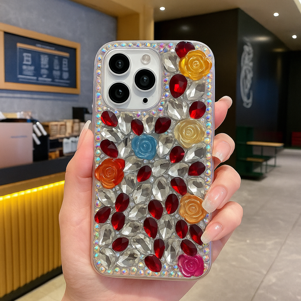 Rainbow Rose Crystal Phone Case – 3D Multicolor Flower & Diamond Gem Case For iPhone 17 Pro Max