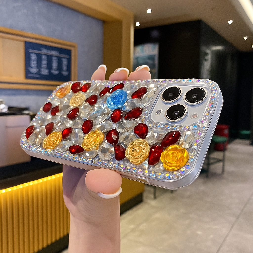 Rainbow Rose Crystal Phone Case – 3D Multicolor Flower & Diamond Gem Case For iPhone 17 Pro Max