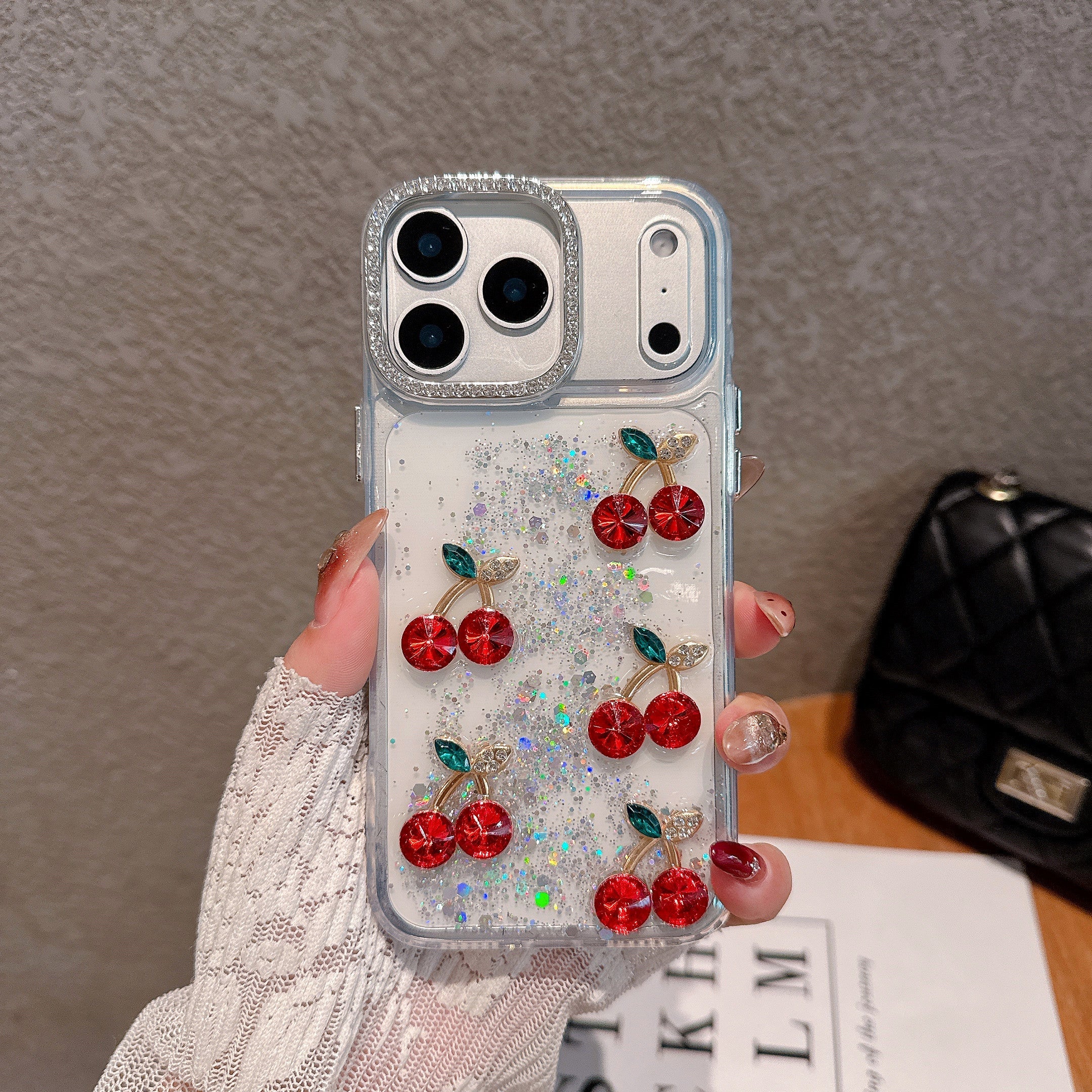 Red Cherry Crystal Phone Case - Luxury Glitter Liquid & Diamond Camera Lens Case For iPhone 15 plus