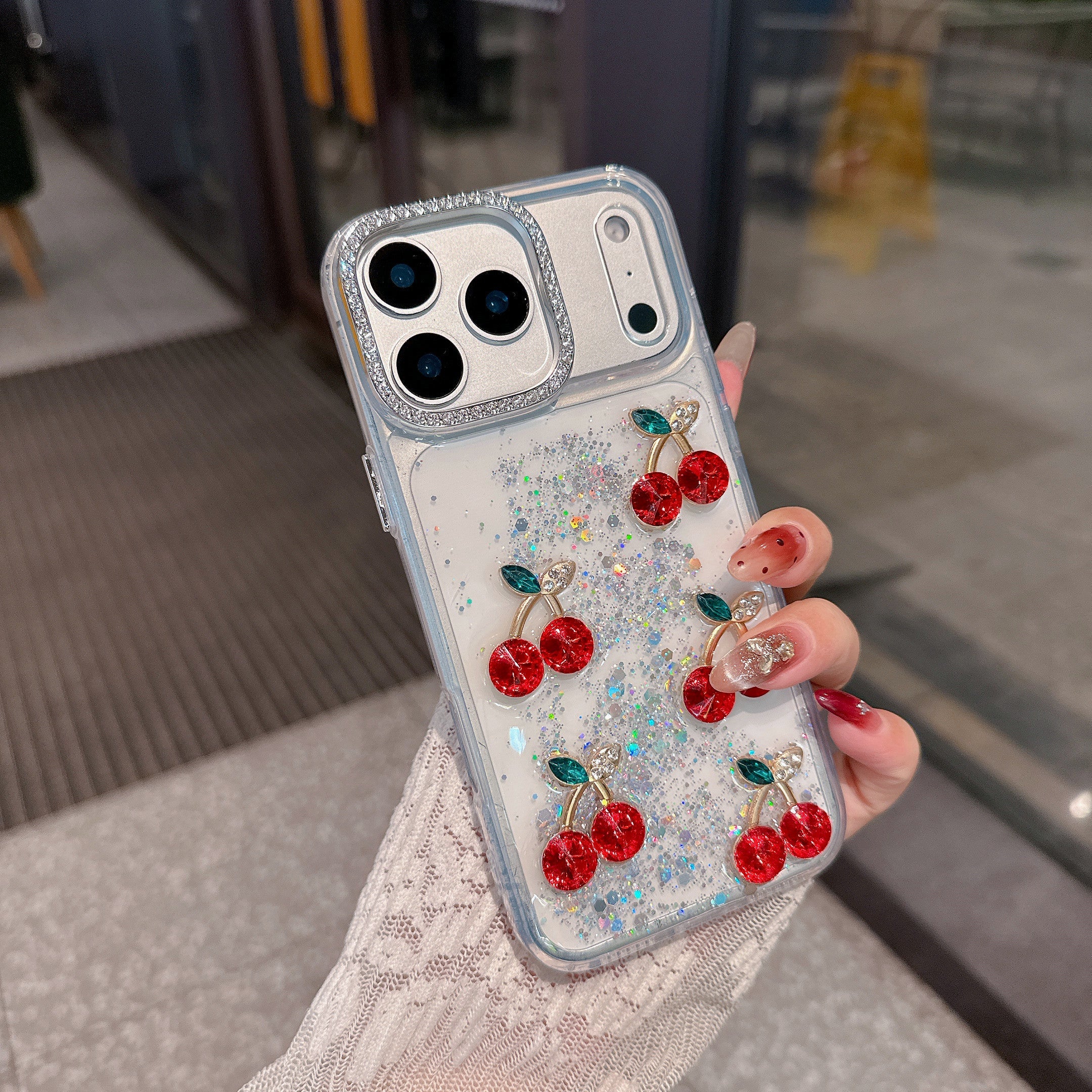 Red Cherry Crystal Phone Case - Luxury Glitter Liquid & Diamond Camera Lens Case For iPhone 15 plus