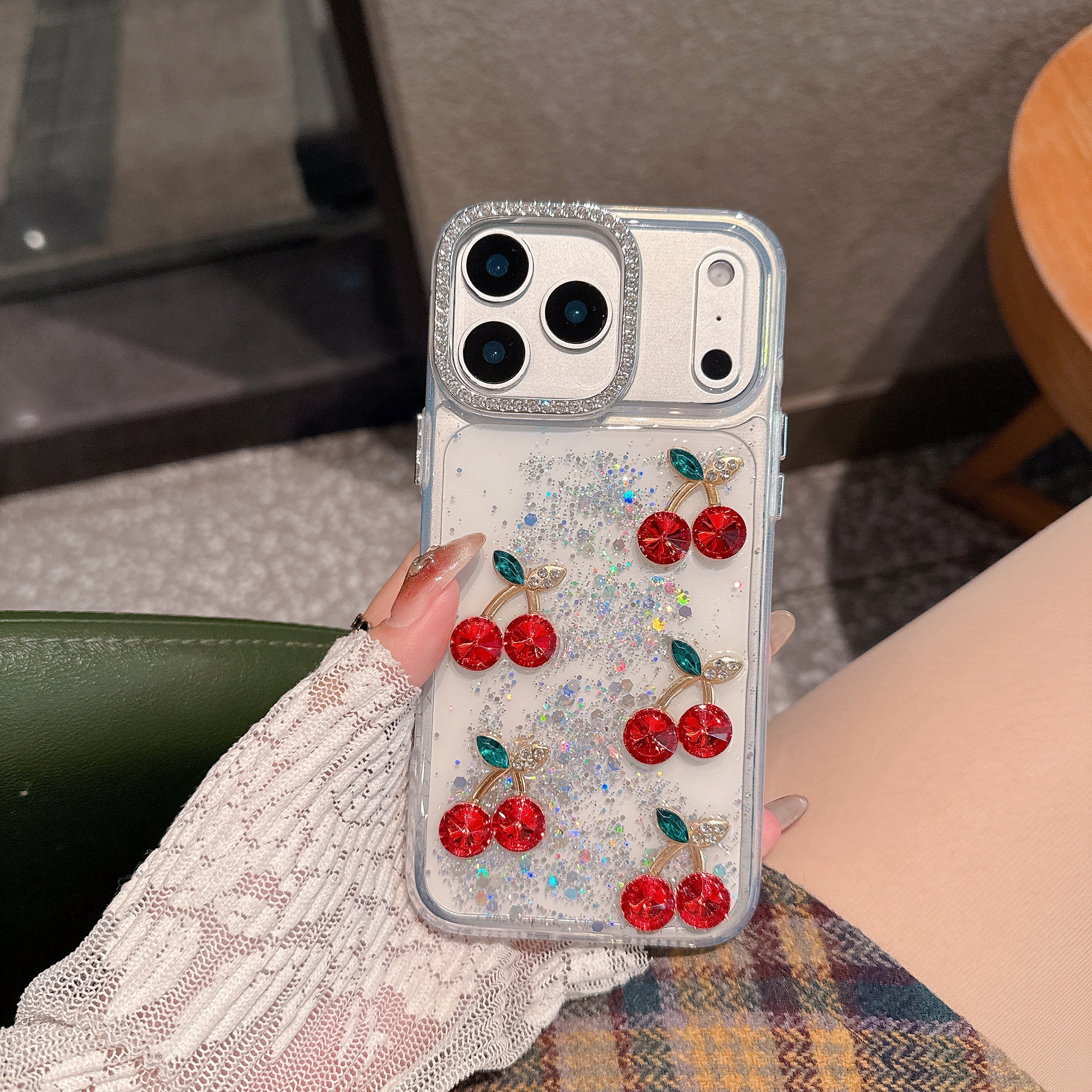 Red Cherry Crystal Phone Case - Luxury Glitter Liquid & Diamond Camera Lens Case For iPhone 15 plus