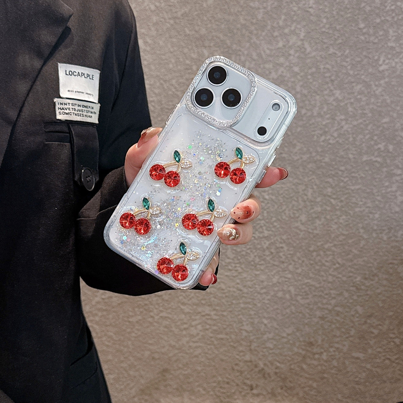 Red Cherry Crystal Phone Case - Luxury Glitter Liquid & Diamond Camera Lens Case For iPhone 15 plus