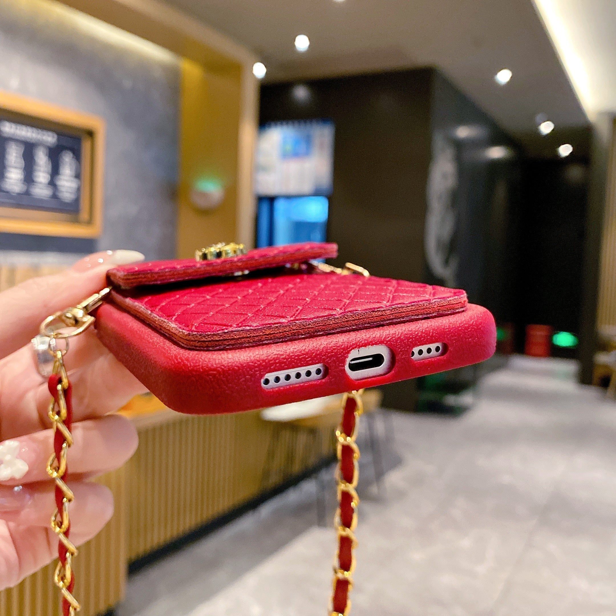 Red Texture Wallet With Golden Chain Silicon Phone Cases