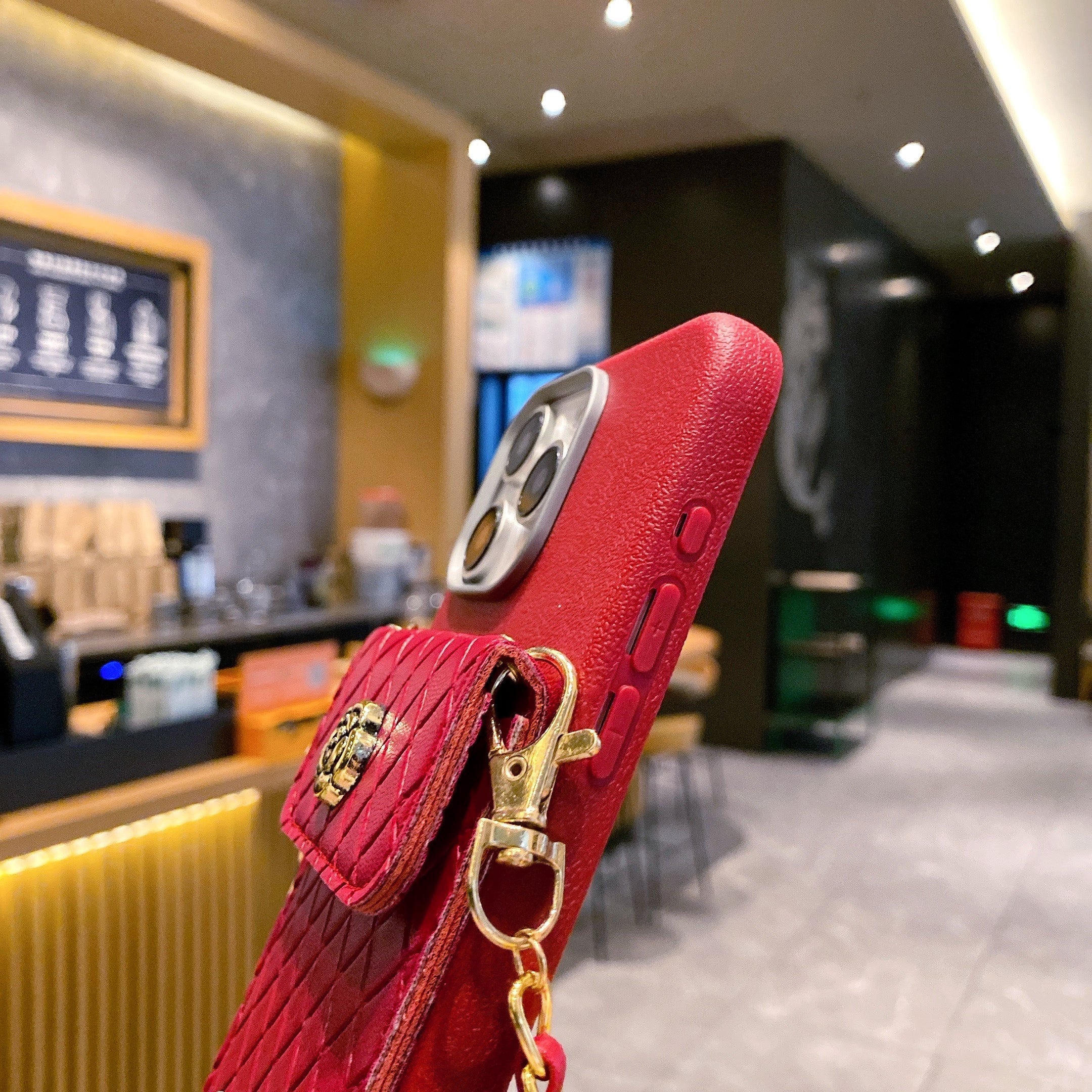 Red Texture Wallet With Golden Chain Silicon Phone Cases