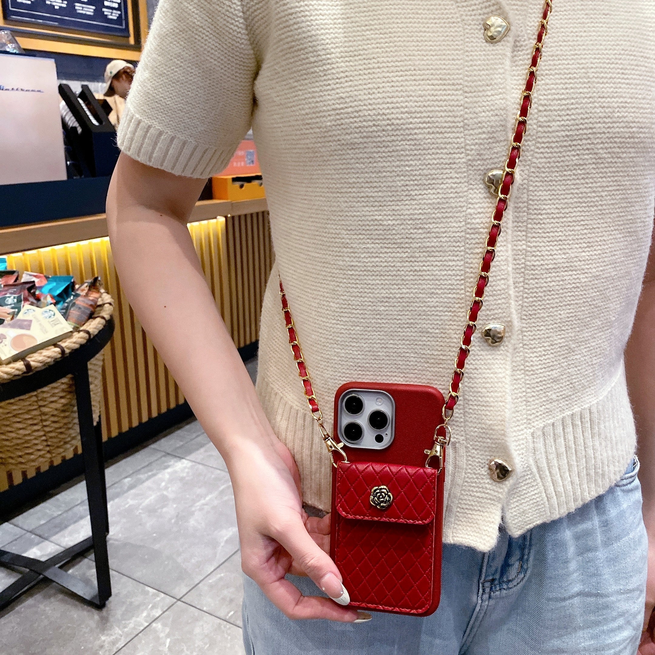 Red Texture Wallet With Golden Chain Silicon Phone Cases