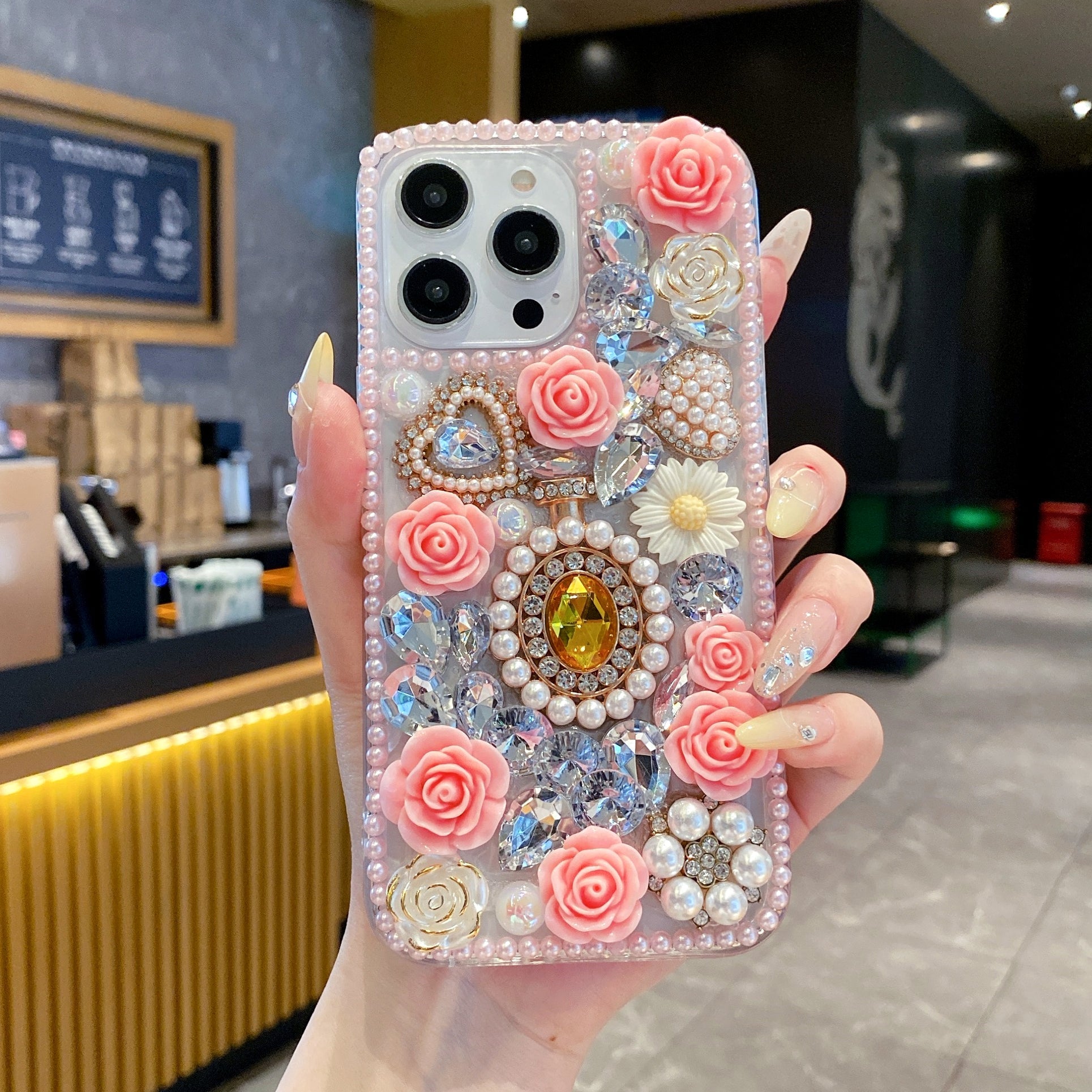 Crystal Rhinestone Pearl Love Rose Wristband Bracelet Case For iPhone 14 Plus