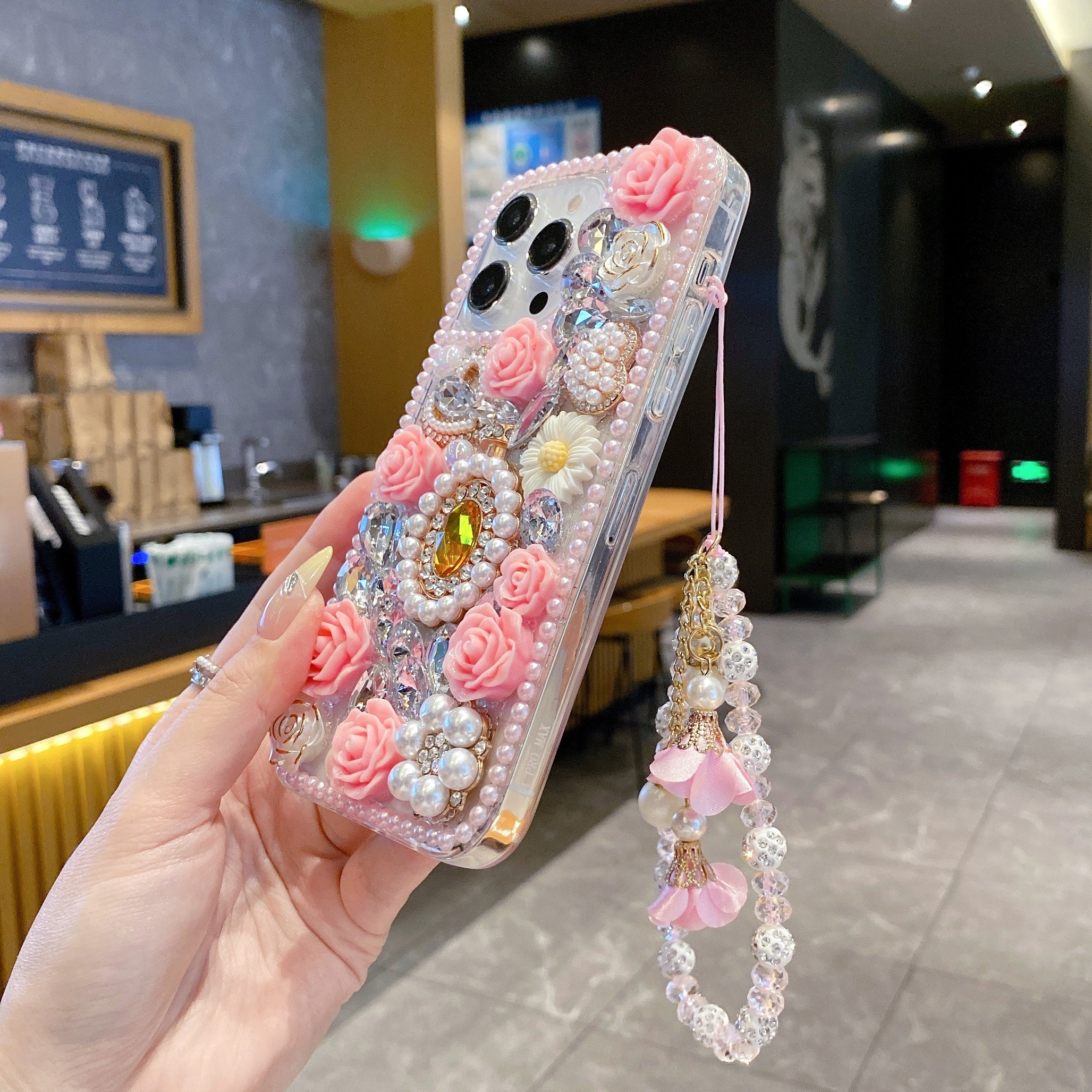 Crystal Rhinestone Pearl Love Rose Wristband Bracelet Case For iPhone 15 Plus