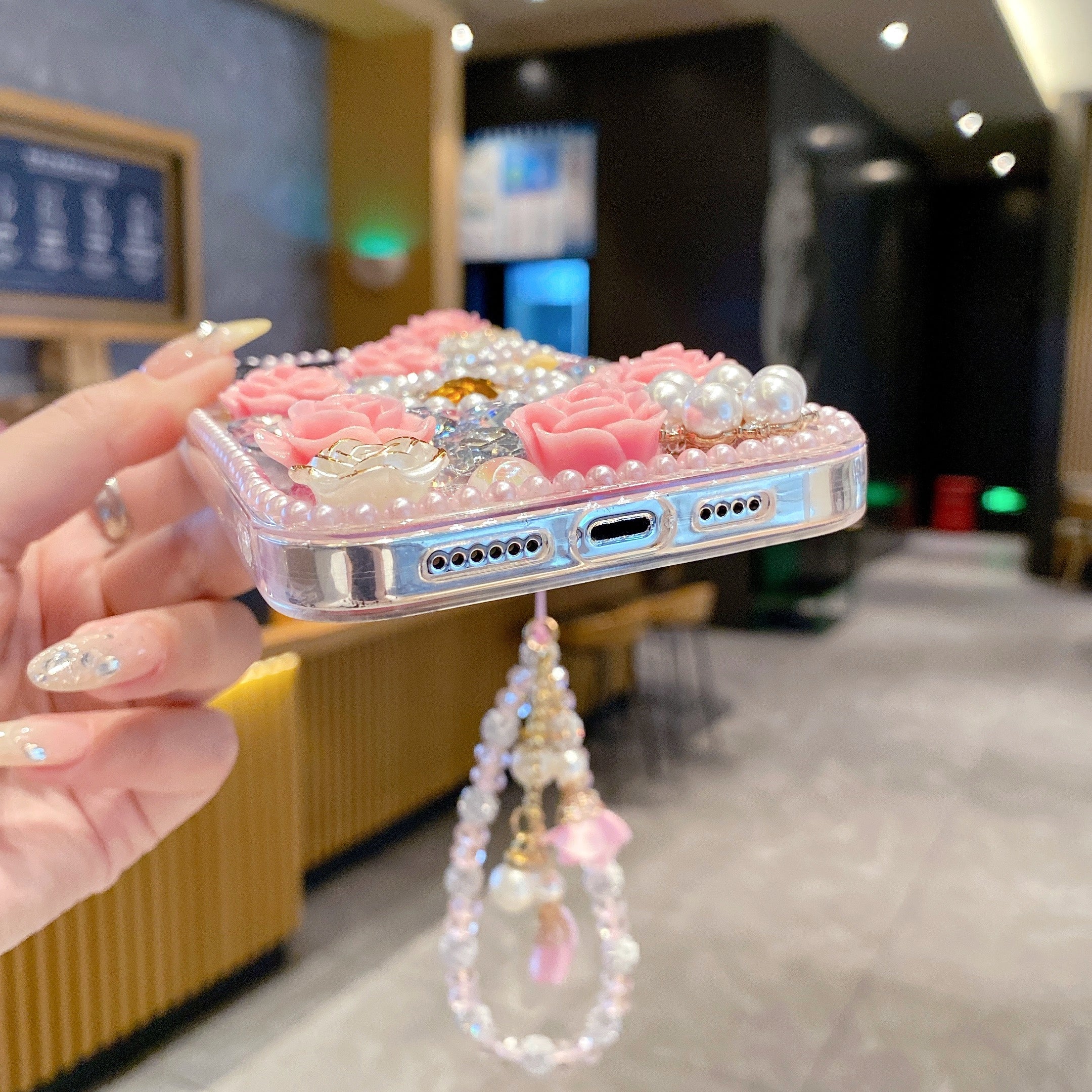 Crystal Rhinestone Pearl Love Rose Wristband Bracelet Case For iPhone 15 Pro