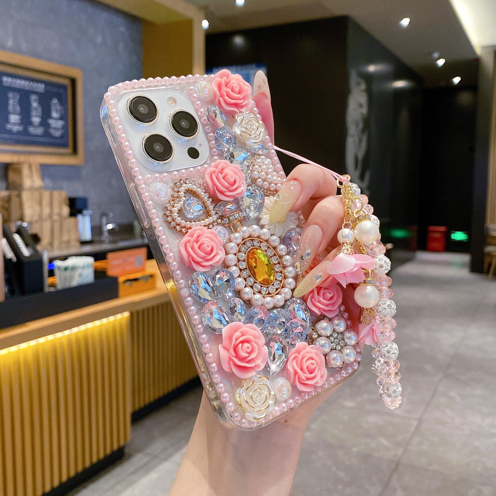 Crystal Rhinestone Pearl Love Rose Wristband Bracelet Case For iPhone 15