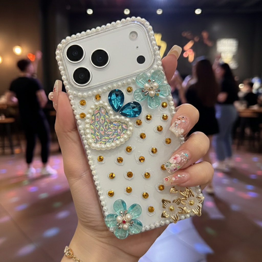 Royal Pearl Bling Case - Premium Blue Crystal Heart Aesthetic Shield with Diamond Camera Guard Case For iPhone 13 pro max