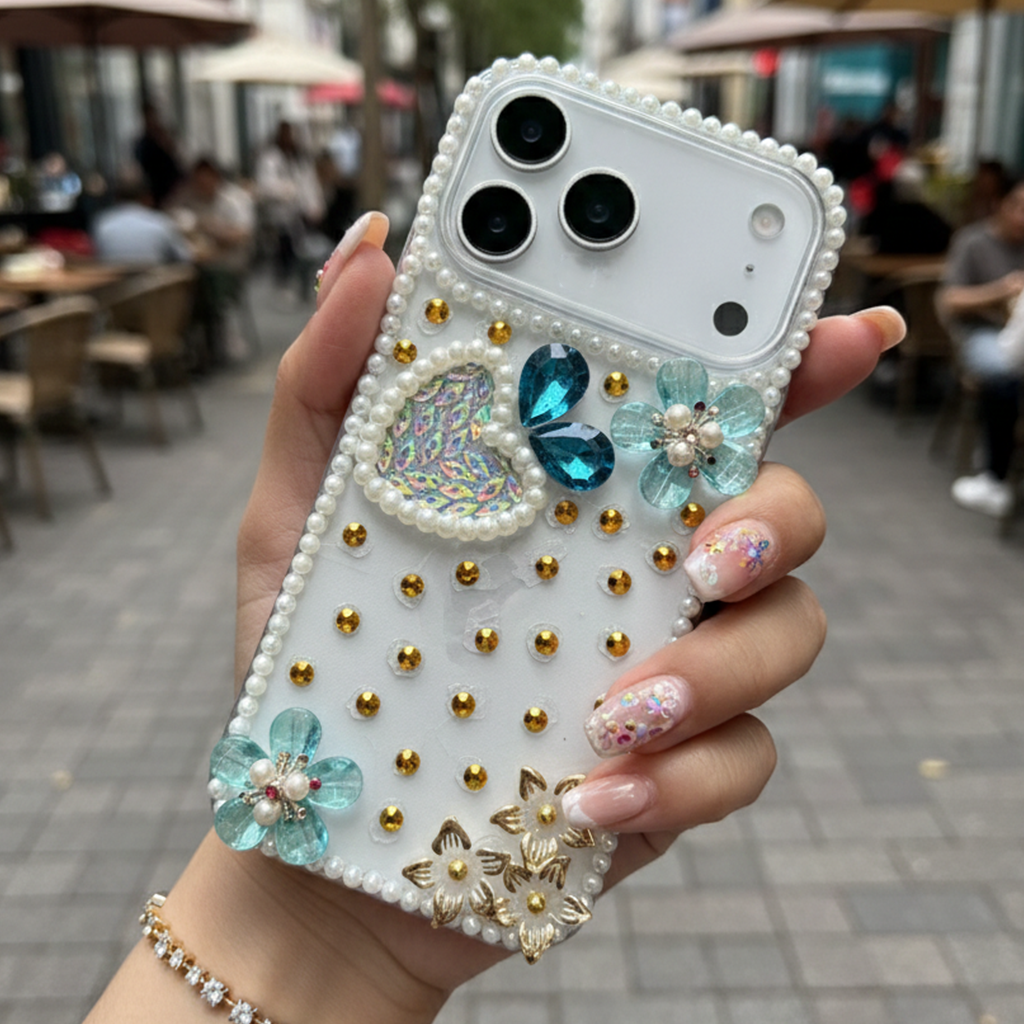 Royal Pearl Bling Case - Premium Blue Crystal Heart Aesthetic Shield with Diamond Camera Guard Case For iPhone 17 pro