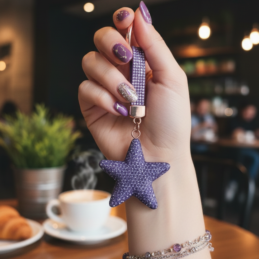 Royal Purple Crystal Star Phone Charm - Luxury Bling Galaxy Keychain for Backpacks & Purses