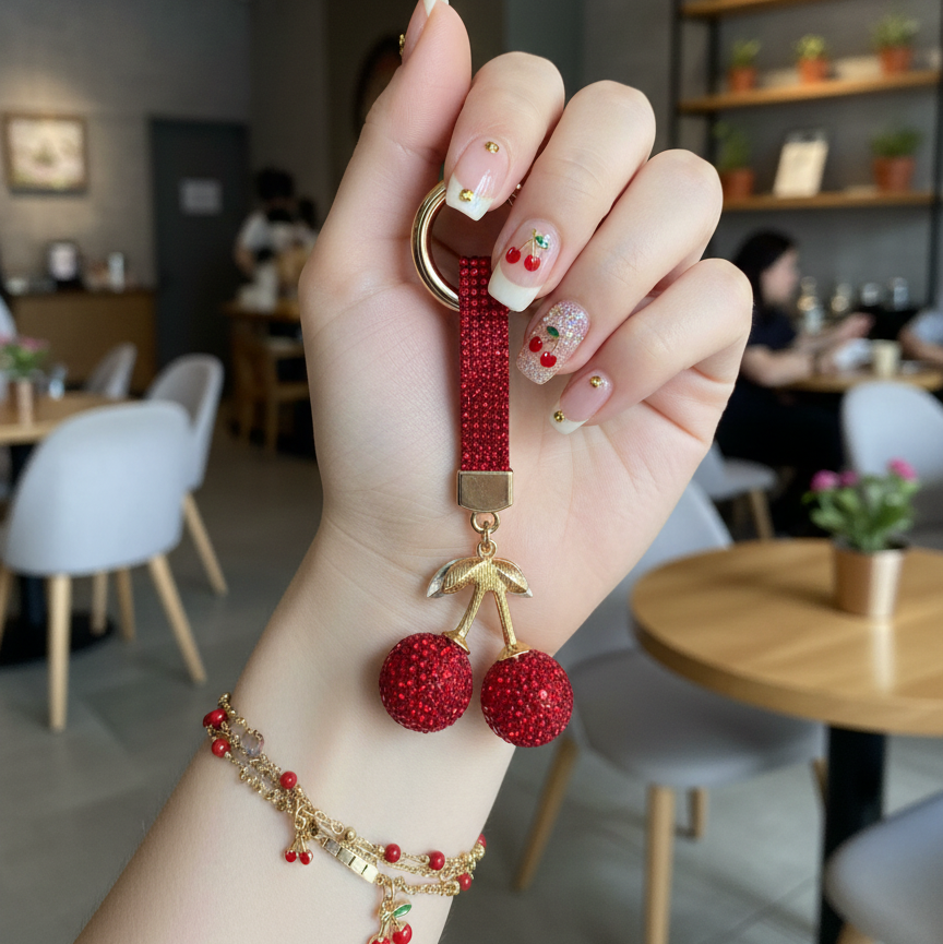 Ruby Red Crystal Cherry Phone Charm - Luxury Bling Keychain for Backpacks & Purses