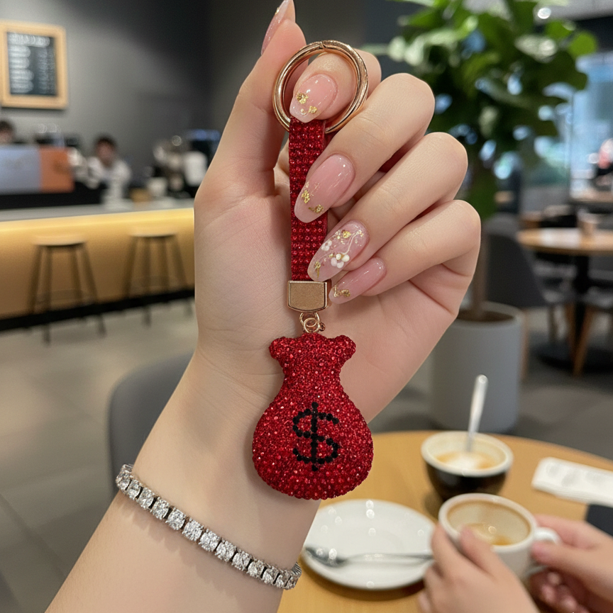 Ruby Red Crystal Money Bag Phone Charm - Luxury Bling Keychain for Backpacks & Purses