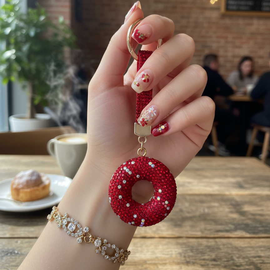 Ruby Red Crystal Donut Phone Charm - Luxury Bling Keychain for Backpacks & Purses