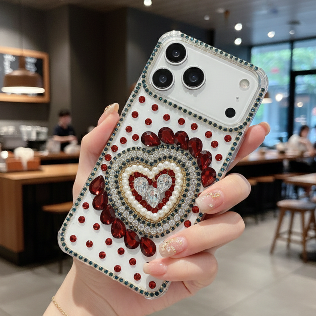 Scarlet Gemstone Full Heart Frame & Crystal Shield Case For iPhone 16