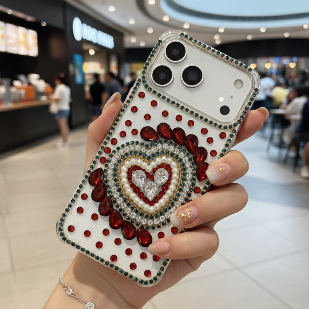 Scarlet Gemstone Full Heart Frame & Crystal Shield Case For iPhone 13