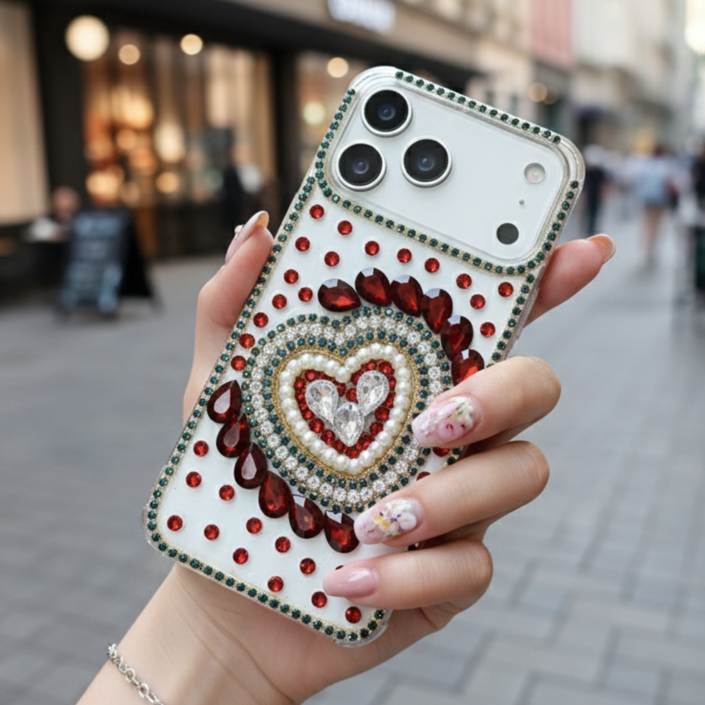 Scarlet Gemstone Full Heart Frame & Crystal Shield Case For iPhone 16 pro