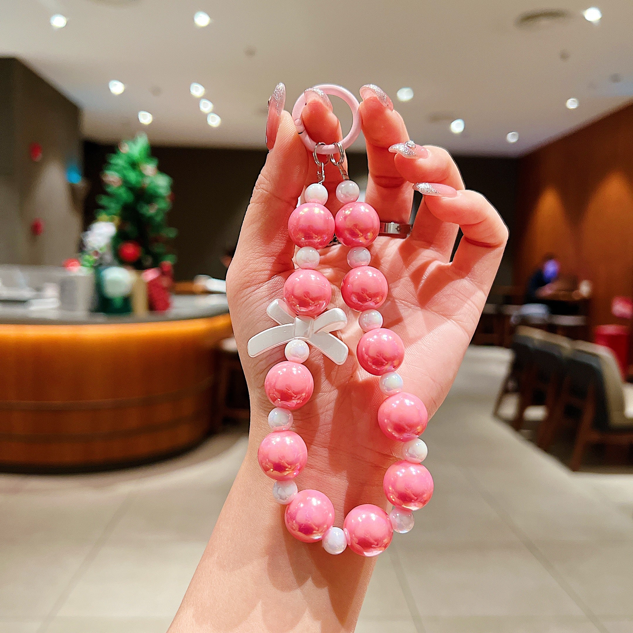 Shimmering Pink Ribbon Beaded Phone Charm