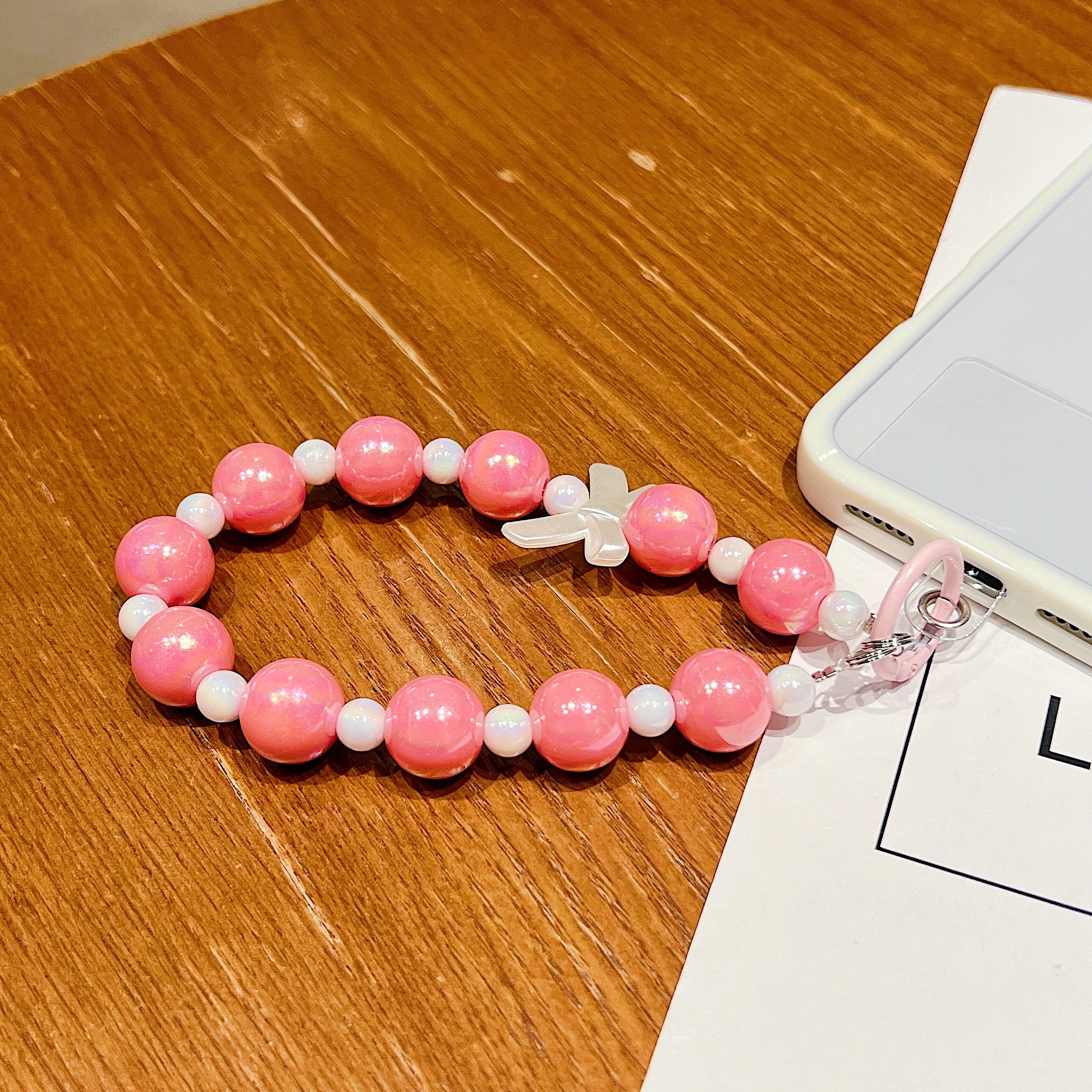 Shimmering Pink Ribbon Beaded Phone Charm