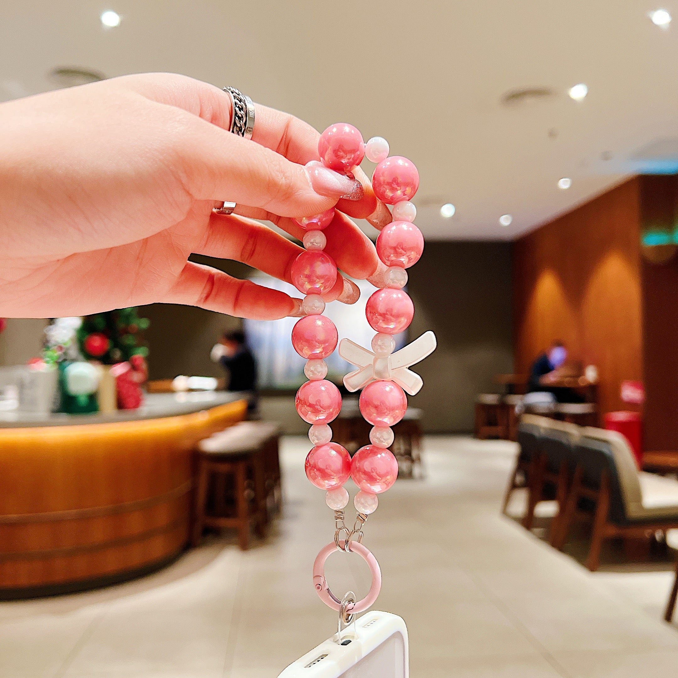 Shimmering Pink Ribbon Beaded Phone Charm