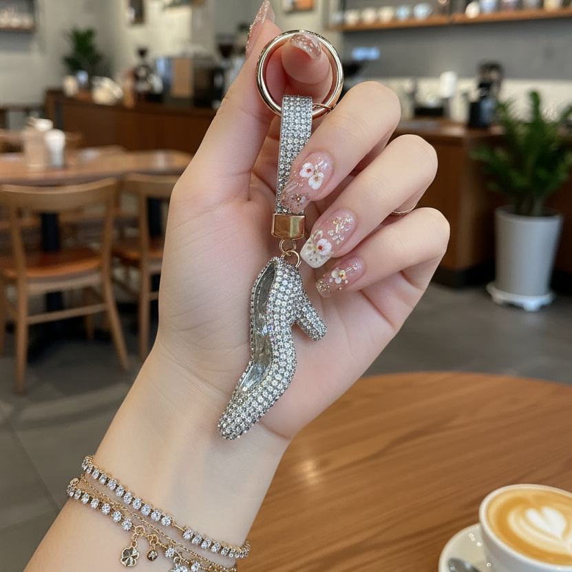 Silver & Iridescent Crystal High Heel Phone Charm - Luxury Bling Keychain for Backpacks & Purses