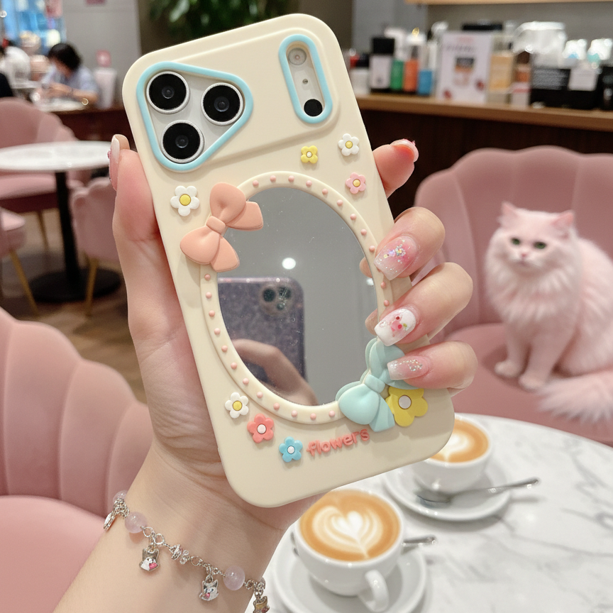 Soft Girl Aesthetic Mirror With Luxury Flower & Bow Phone Case