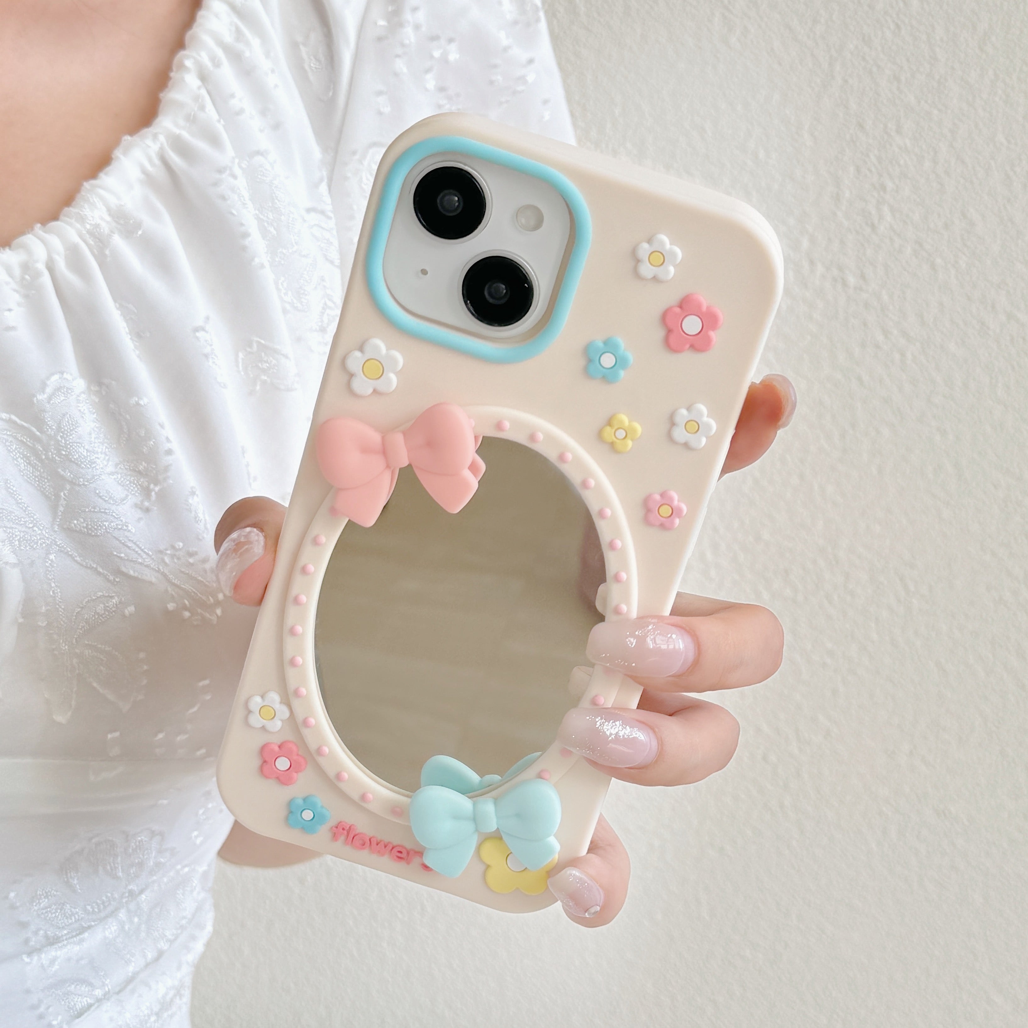 Soft Girl Aesthetic Mirror With Luxury Flower & Bow Phone Case For iPhone 17 Air