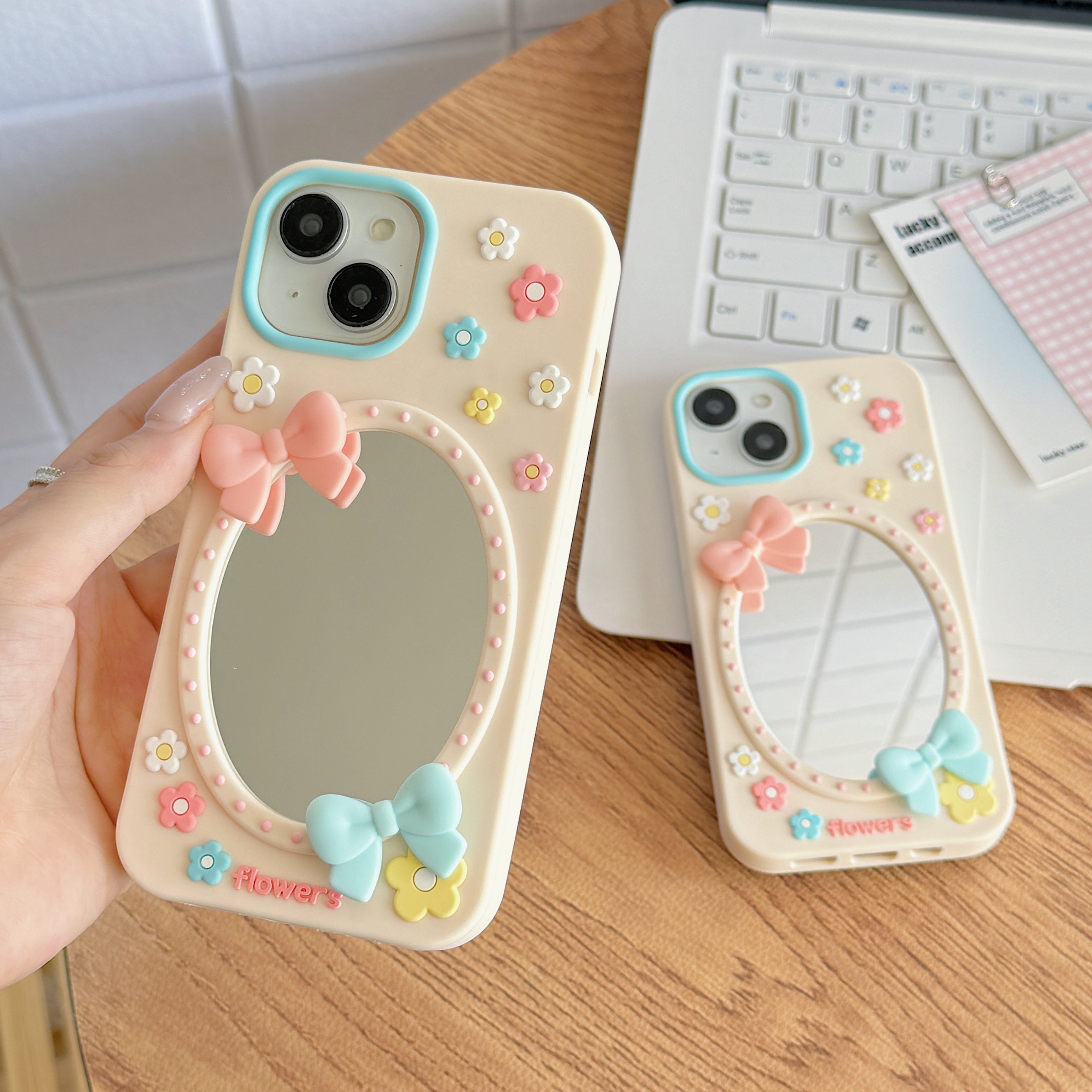 Soft Girl Aesthetic Mirror With Luxury Flower & Bow Phone Case For iPhone 17 Air