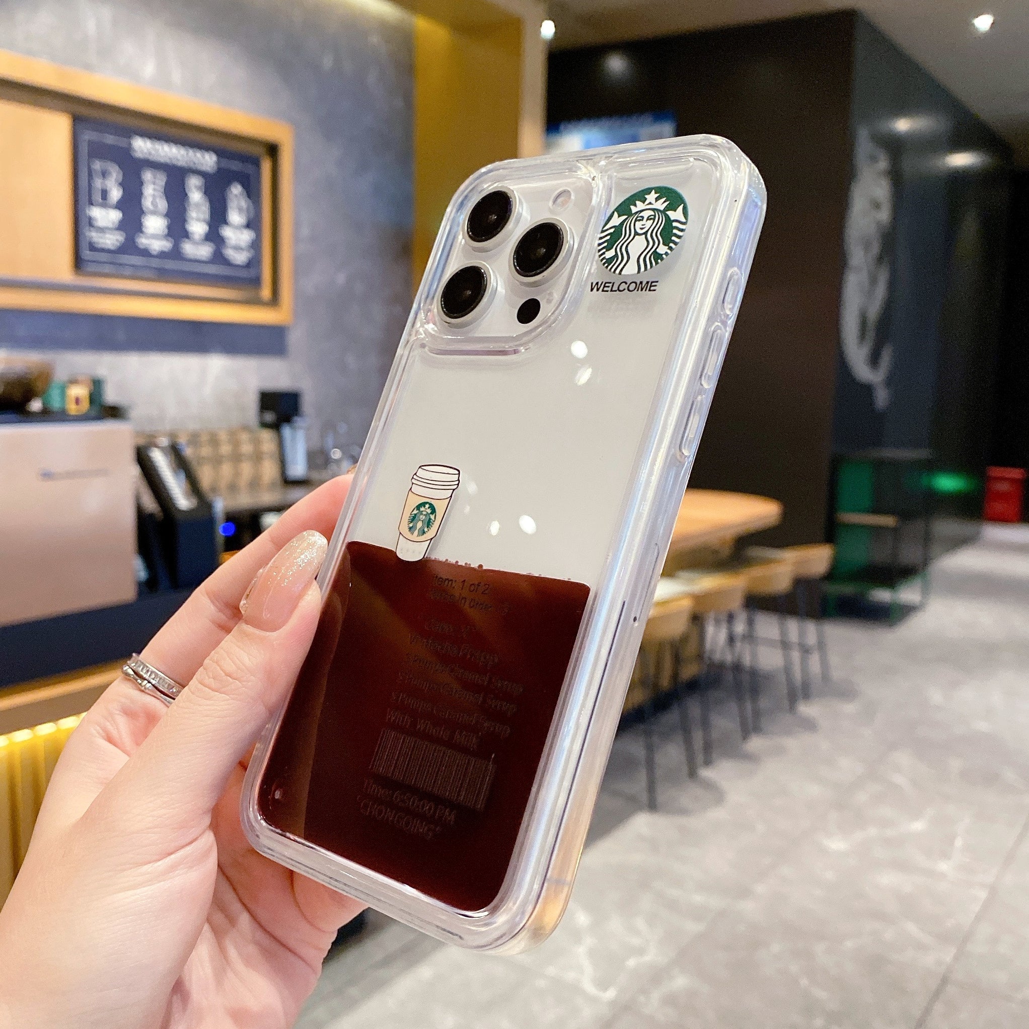 Starbcuks Liquid Coffee Floating Cup Silicon Phone Case For iPhone 15 Pro