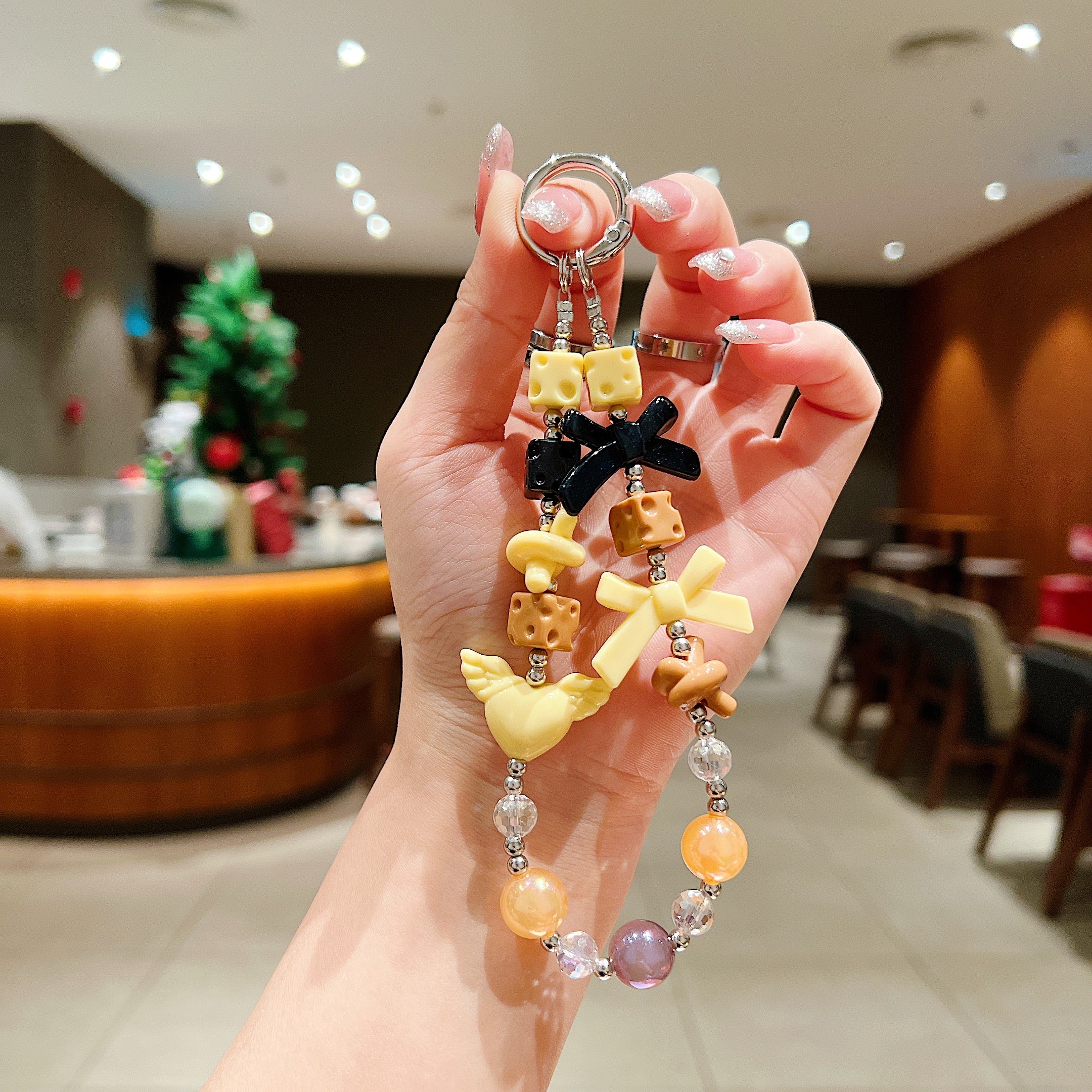 Vintage Cheese & Bow Beaded Phone Charm