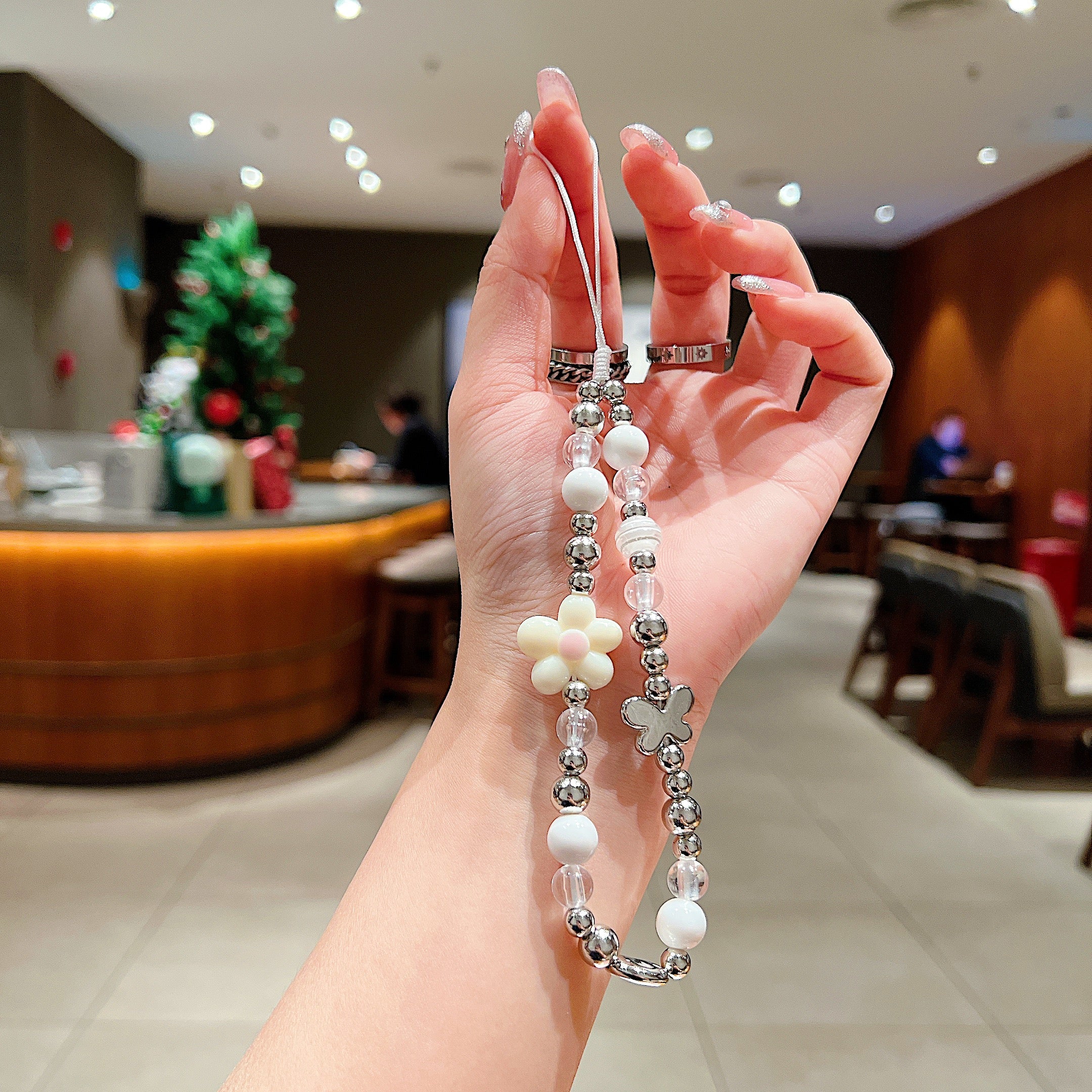 White Flower & Silver Beaded Phone Charm