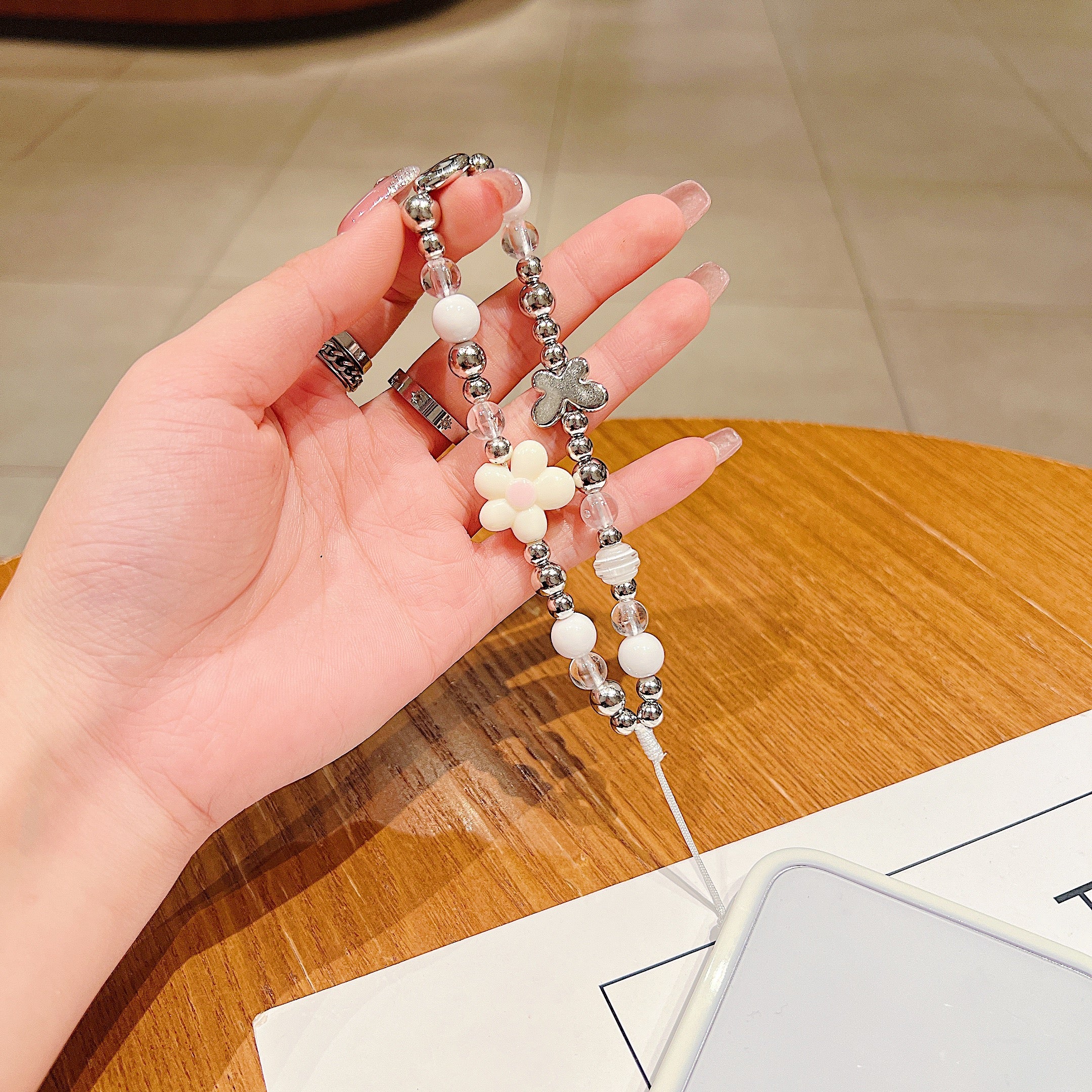White Flower & Silver Beaded Phone Charm