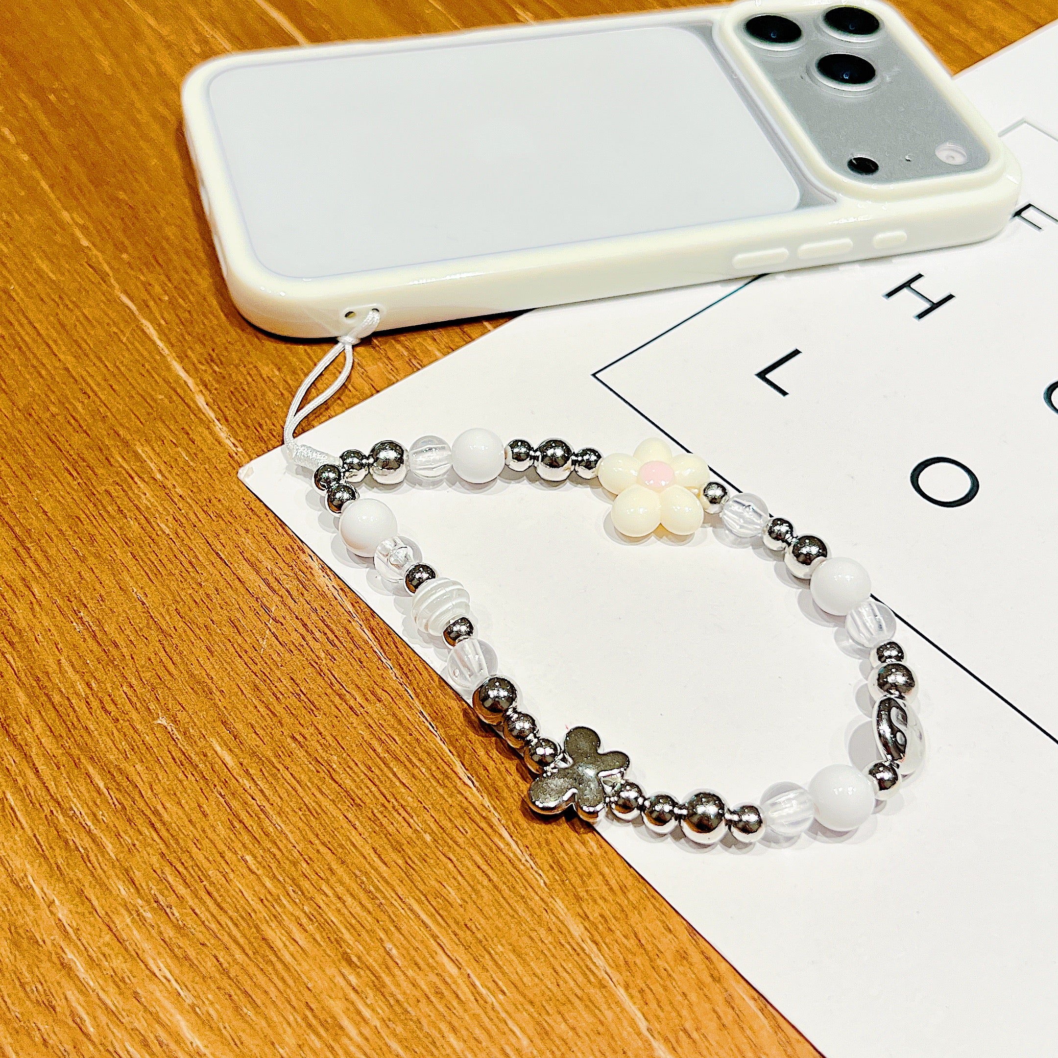 White Flower & Silver Beaded Phone Charm