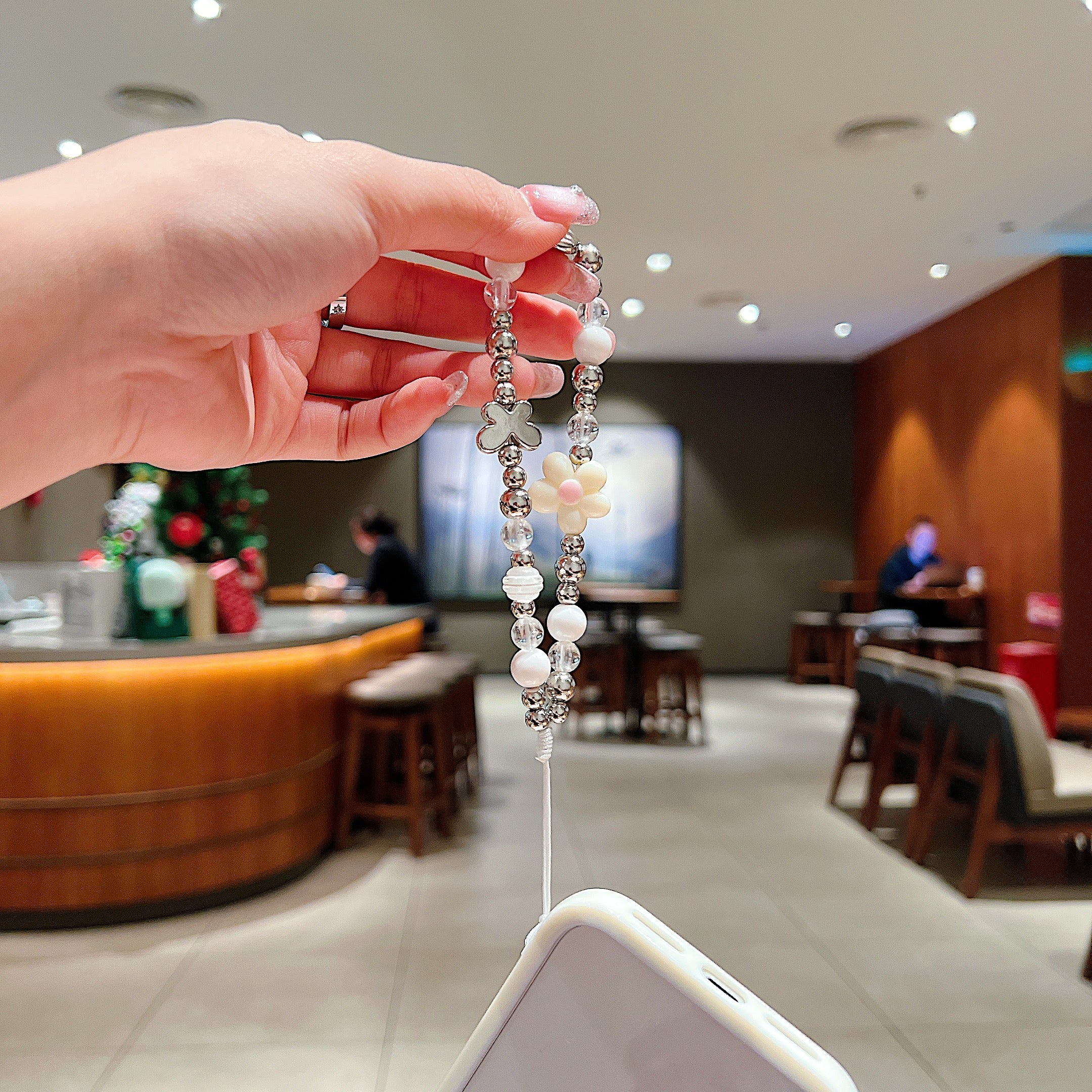 White Flower & Silver Beaded Phone Charm