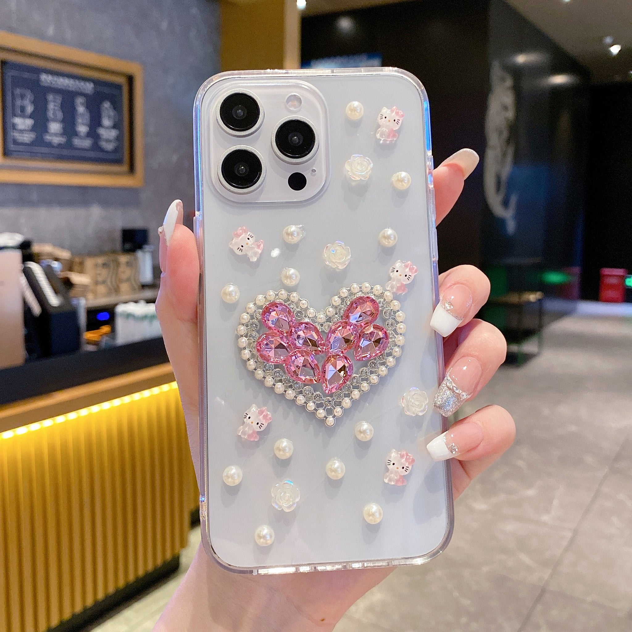 White Peals With Pink Diamond Heart Silicon Phone Cases For iPhone 15