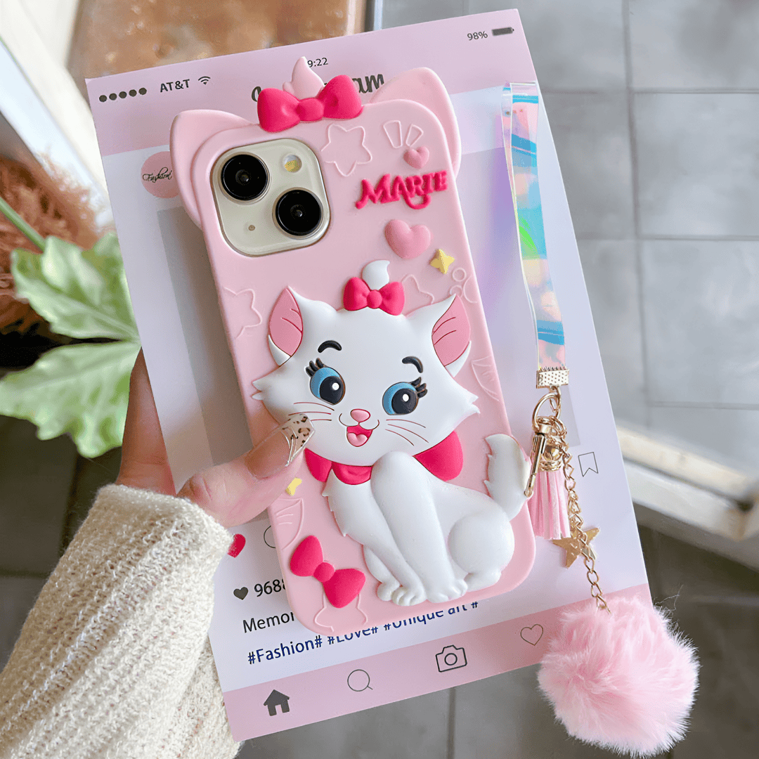 Disney Marie Cat With Fur Charm Silicon Phone Cases For iPhone 16