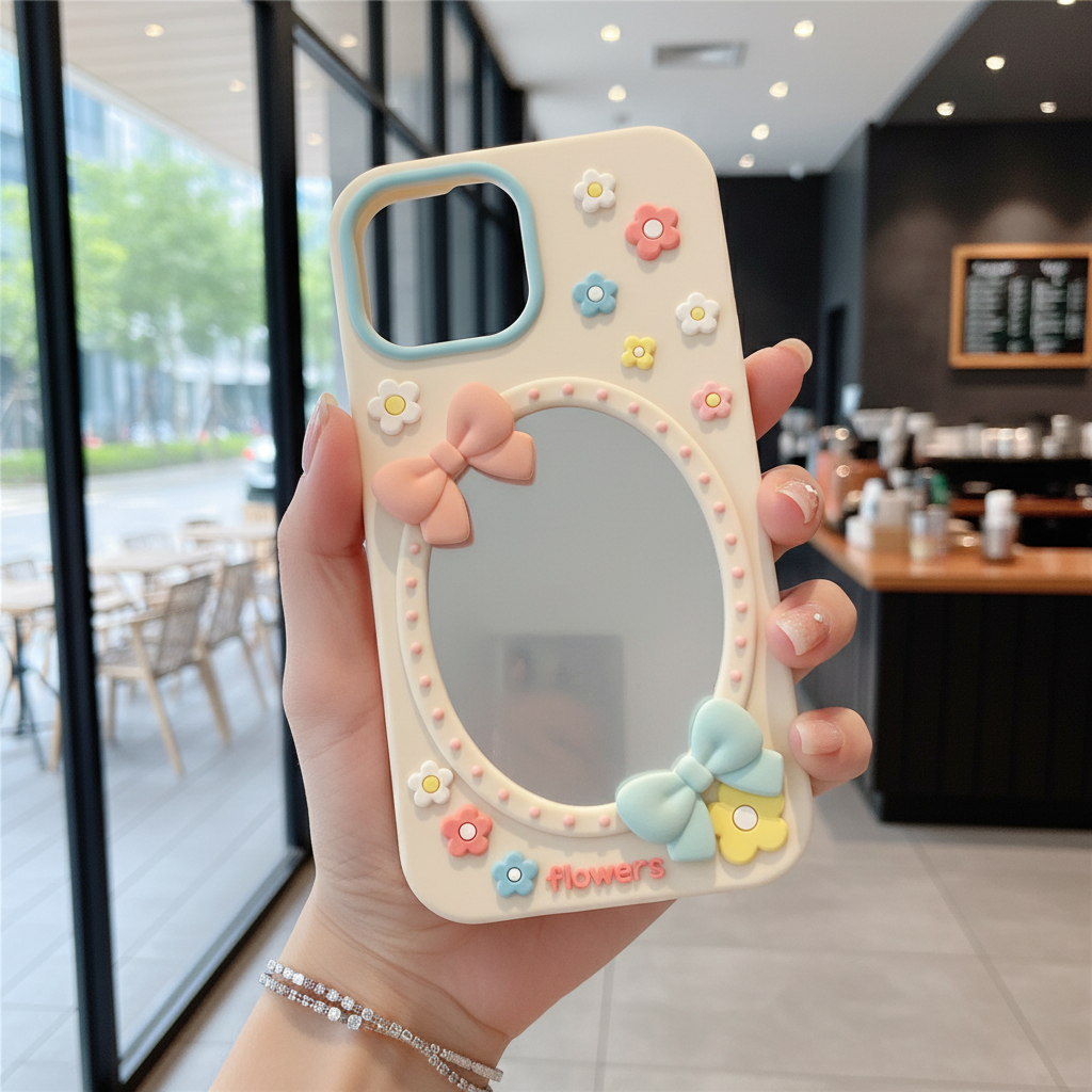 Soft Girl Aesthetic Mirror With Luxury Flower & Bow - Phone Case For iPhone 14